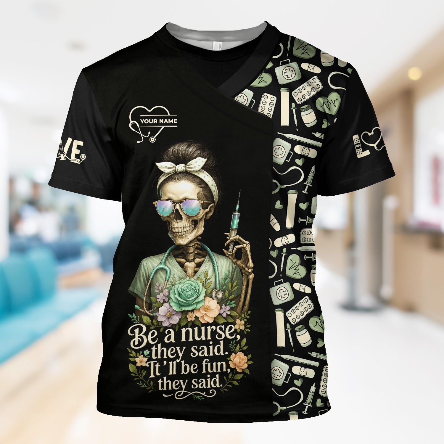 Personalized Skeleton Nurse Shirt - Messy Bun Hair & Leopard Print Graphic Tee - Gift for Women CNA & Healthcare Workers