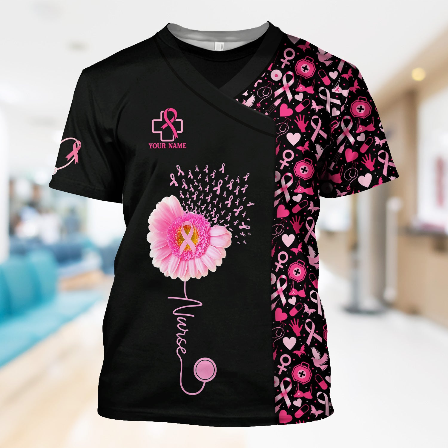 Custom Nurse Breast Cancer Awareness Shirt - Pink Gerbera Daisy & Ribbon Graphic Tee - Gift for Women RN LPN