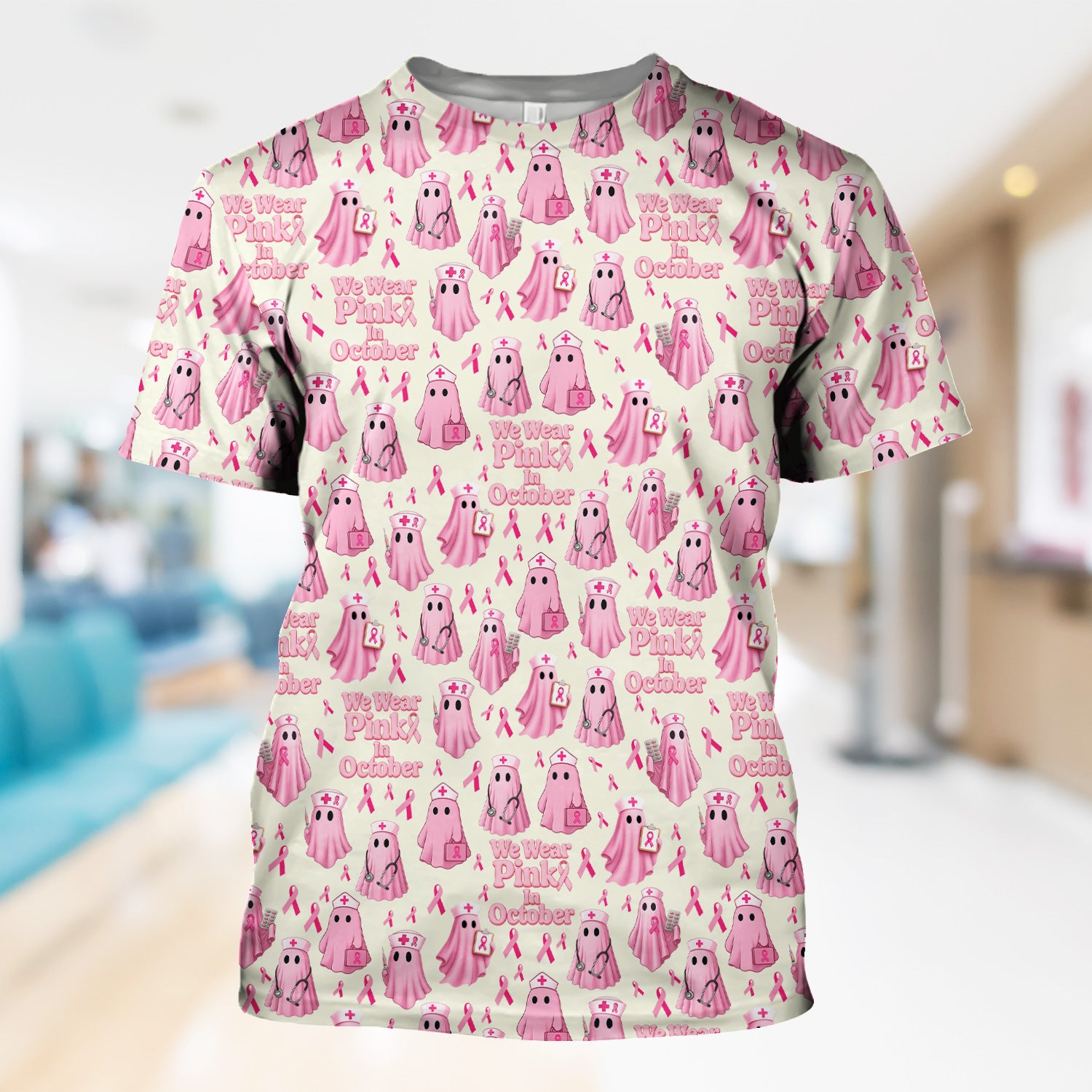 Halloween Breast Cancer Awareness Scrub - We Wear Pink In October & Ghost Nurse Design - October Gift for RN LPN CNA