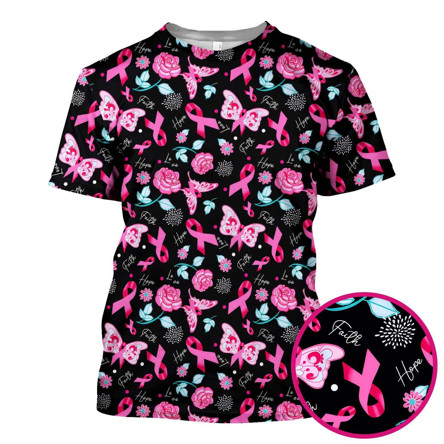 Breast Cancer Awareness Scrub Top - Pink Ribbon Nurse Shirt with Flowers - Gift for Women RN CNA LPN