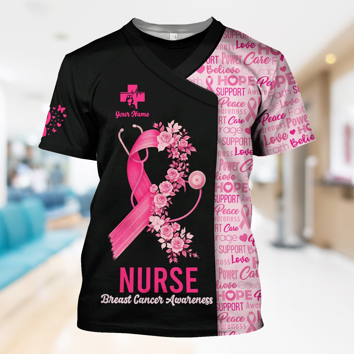 Personalized Breast Cancer Awareness Nurse Scrub Top - Pink Ribbon Medical Uniform Shirt For Women - Gift for CNA RN LPN