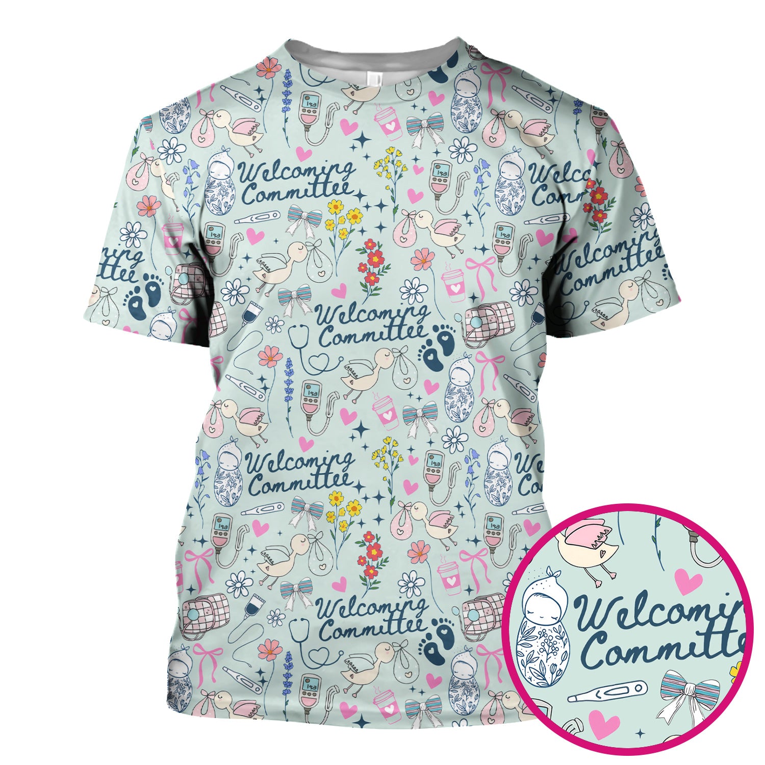 Funny NICU Nurse Tee - Cute Baby Feet & Floral Stork Pattern Graphic - Gift for Women RN LPN