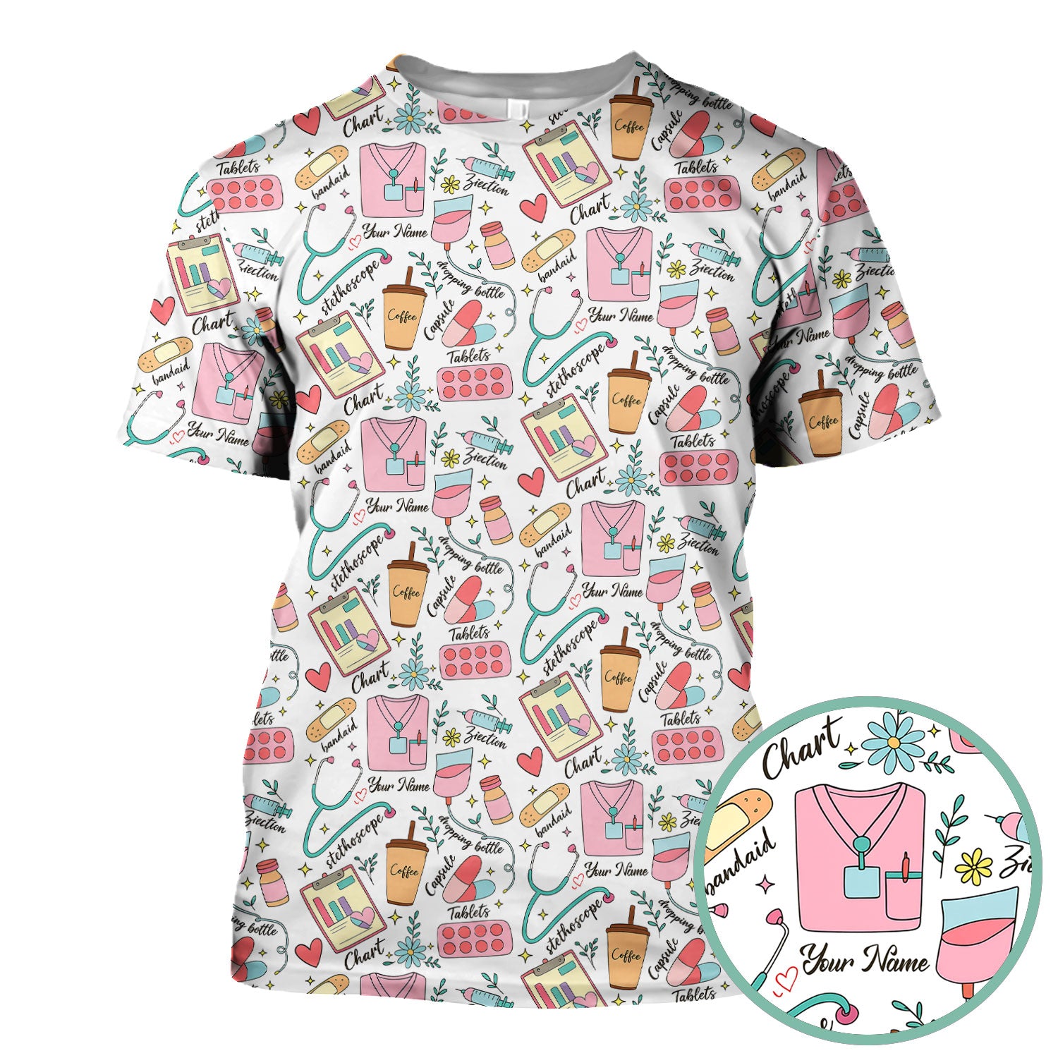 Cute Nurse Scrub - Colorful Medical Uniform Shirt with Coffee, Stethoscope & Pills - Fun RN LPN CNA Nursing Gift for Women