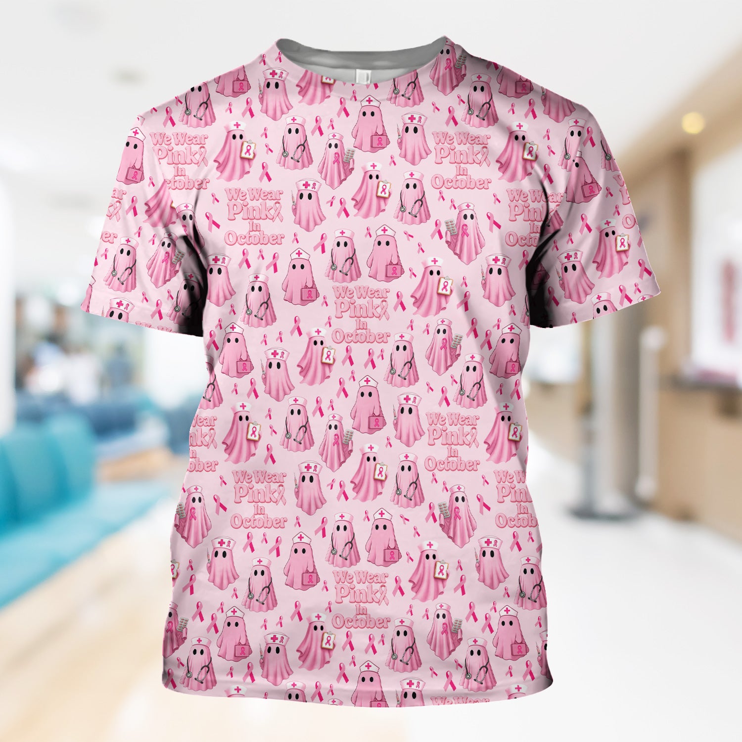 Funny Breast Cancer Awareness Scrub Top - We Wear Pink In October & Ghost Nurse Design - Gift for RN LPN CNA