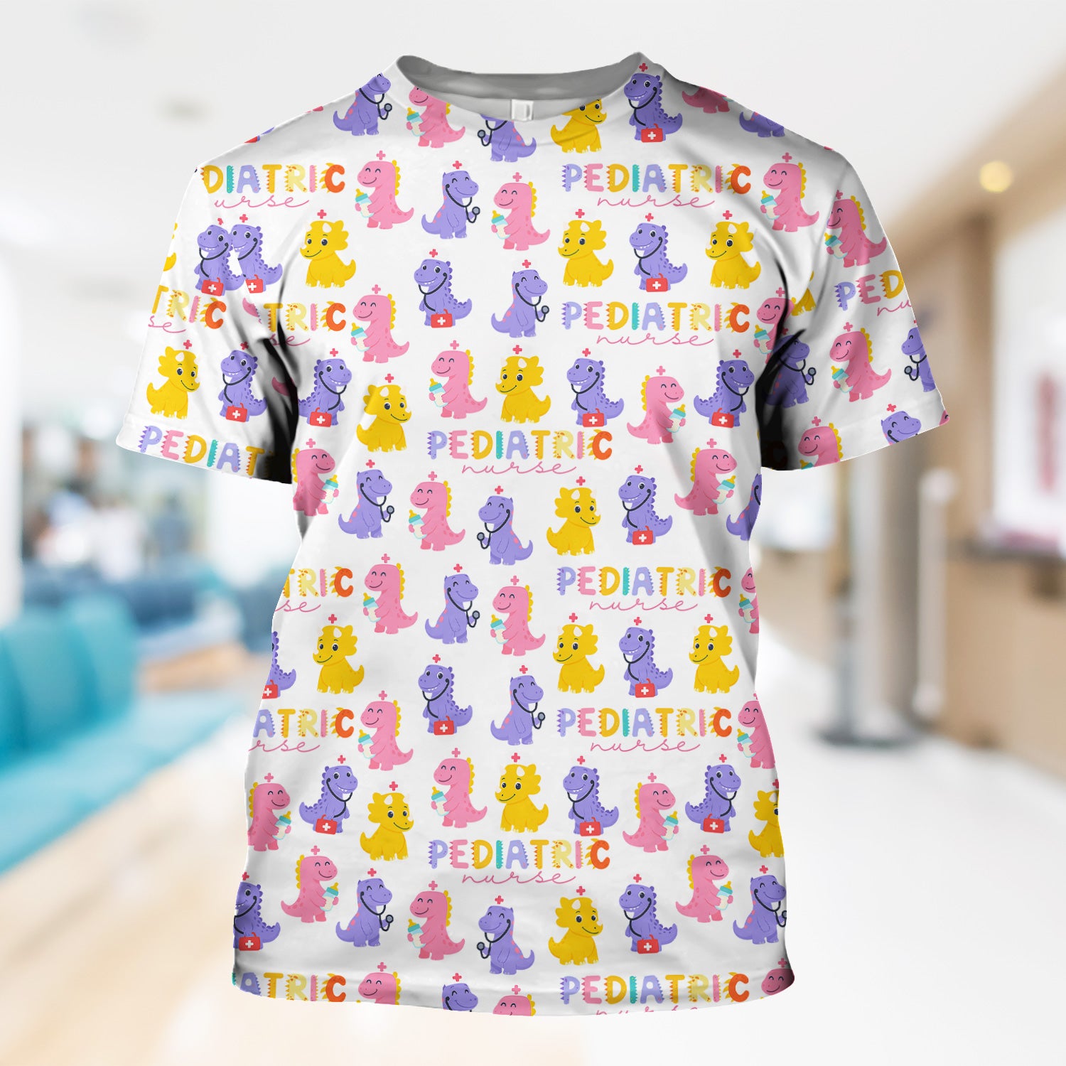 Personalized Cute Pediatric Nurse Scrub Top - Funny Dinosaur Pattern  Design - Multiple Color Options Gift for Women PEDS RN LPN