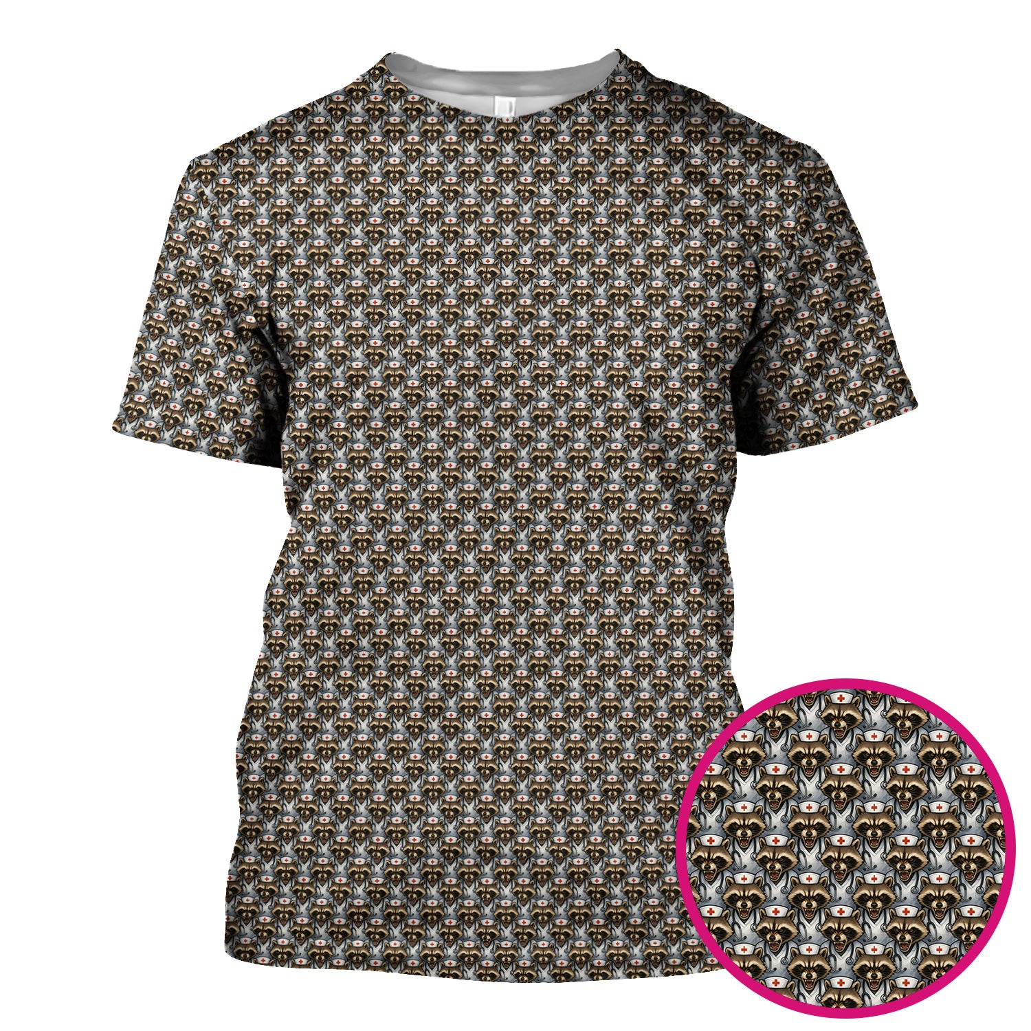 Quirky Raccoon Nurse Shirt - Repeating Angry Animal Pattern Graphic Tee - Gift for Women RN, LPN, CNA
