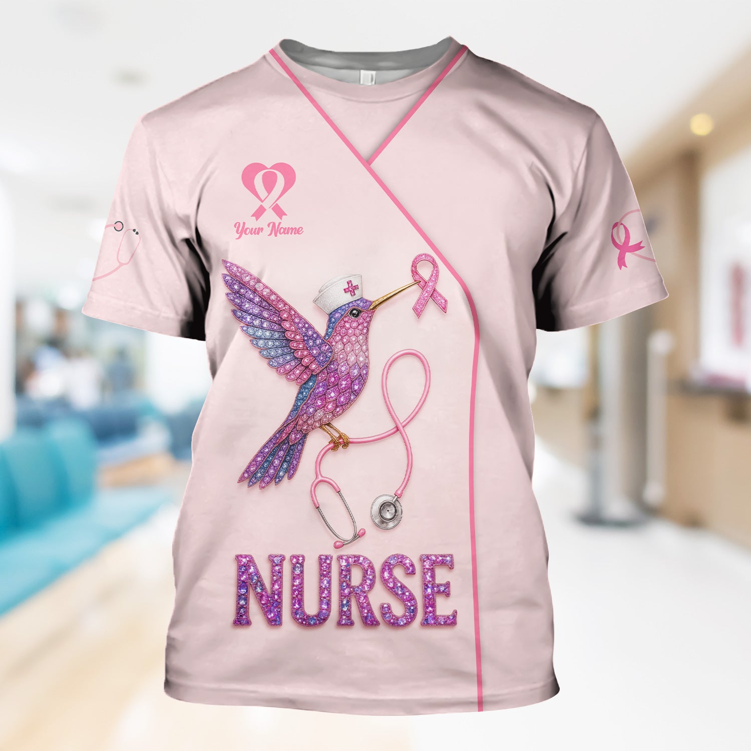 Custom Hummingbird Nurse Shirt - Breast Cancer Awareness Ribbon Graphic Tee - Gift for RN LPN CNA