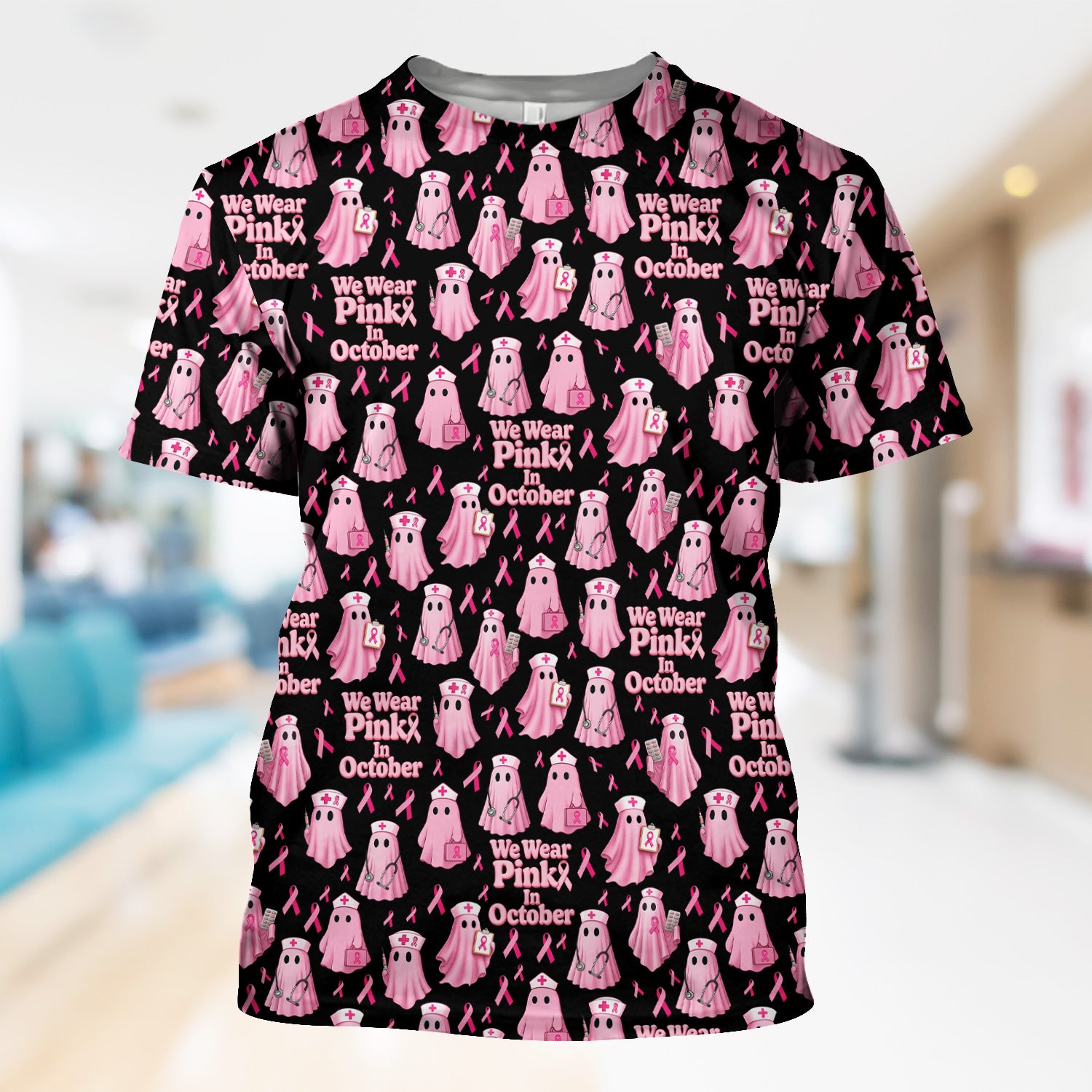 Halloween Breast Cancer Awareness Scrub - We Wear Pink In October & Ghost Nurse Design - October Gift for RN LPN CNA