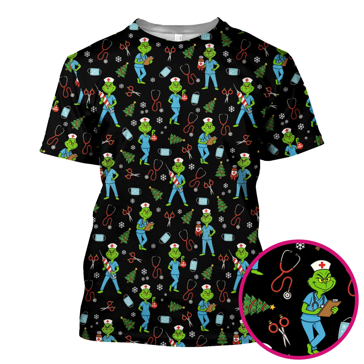 Grinch Christmas Scrub Top for Nurses - Funny Medical Workwear Top - RN LPN CNA Gift