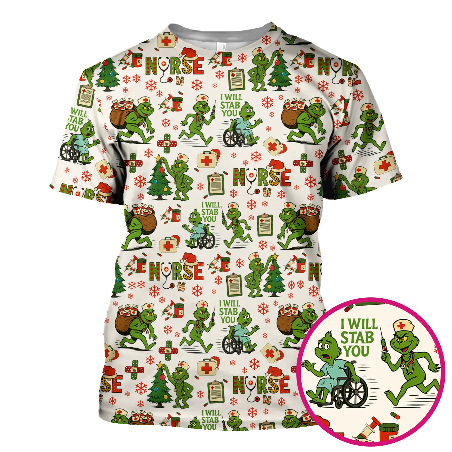 Funny Grinch Nurse Scrub Top for Women - Christmas Scrub Shirt with I Will Stab You Quote - Cute Holiday Nursing Work Shirt with Pockets