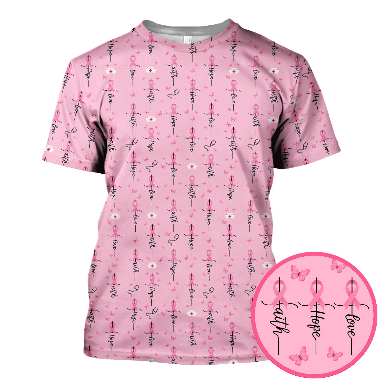 Breast Cancer Awareness Scrub Top Multi Color - Faith Hope Love Pink Ribbon Nursing Shirt - Supportive Nurse Workwear