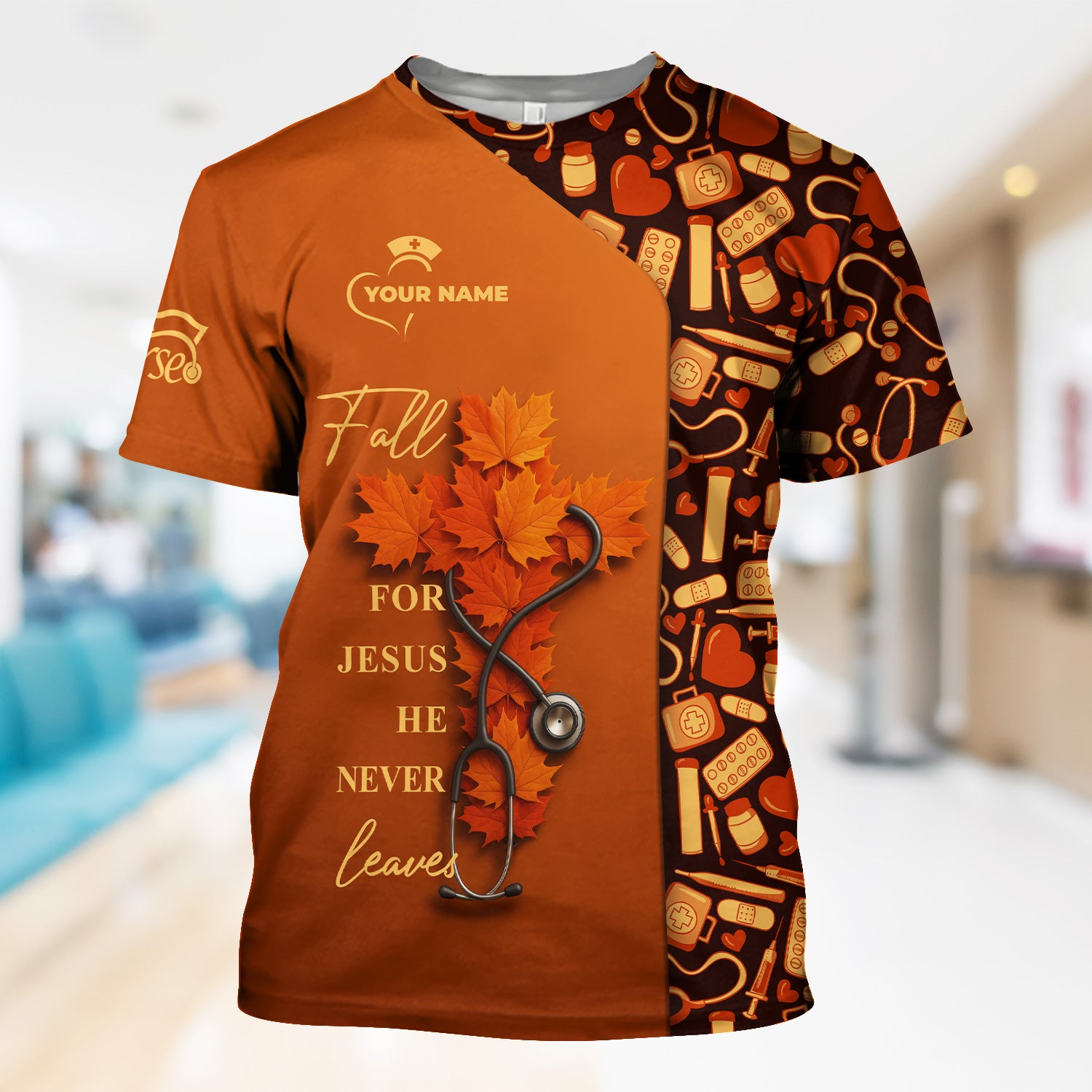 Custom Christian Nurse Scrub Top - Fall For Jesus He Never Leaves - Gift for RN LPN CNA Healthcare Workers