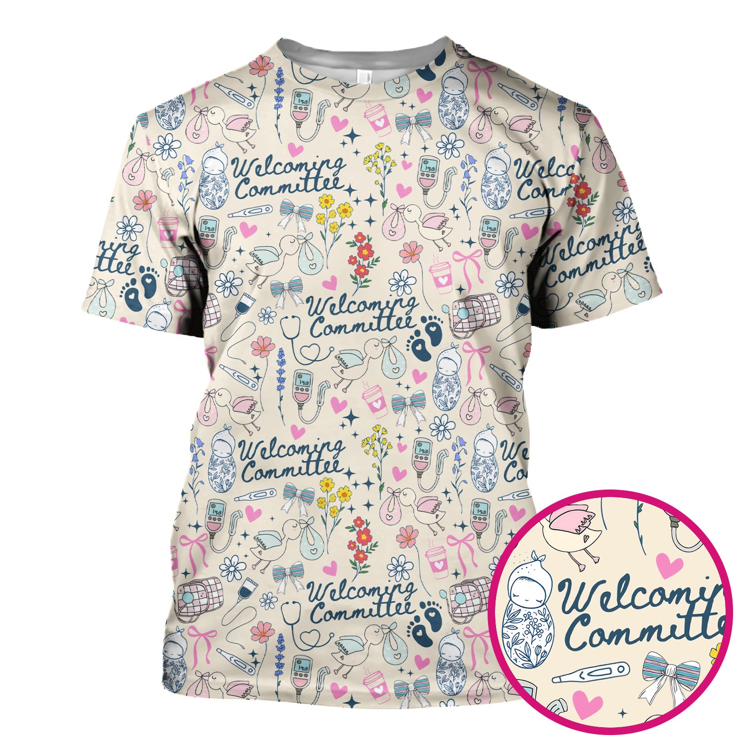 Funny NICU Nurse Tee - Cute Baby Feet & Floral Stork Pattern Graphic - Gift for Women RN LPN