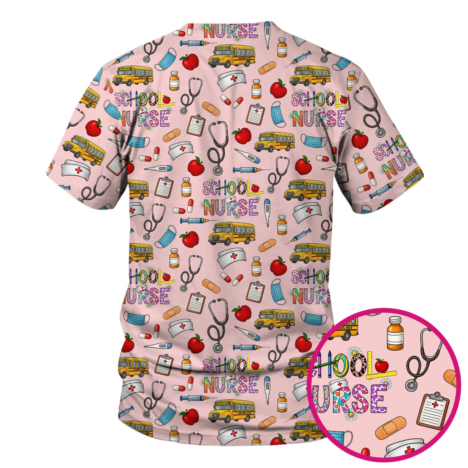 Cute School Nurse Scrub Top - Funny School Bus & Stethoscope Pattern Design - Gift for Women RN LPN