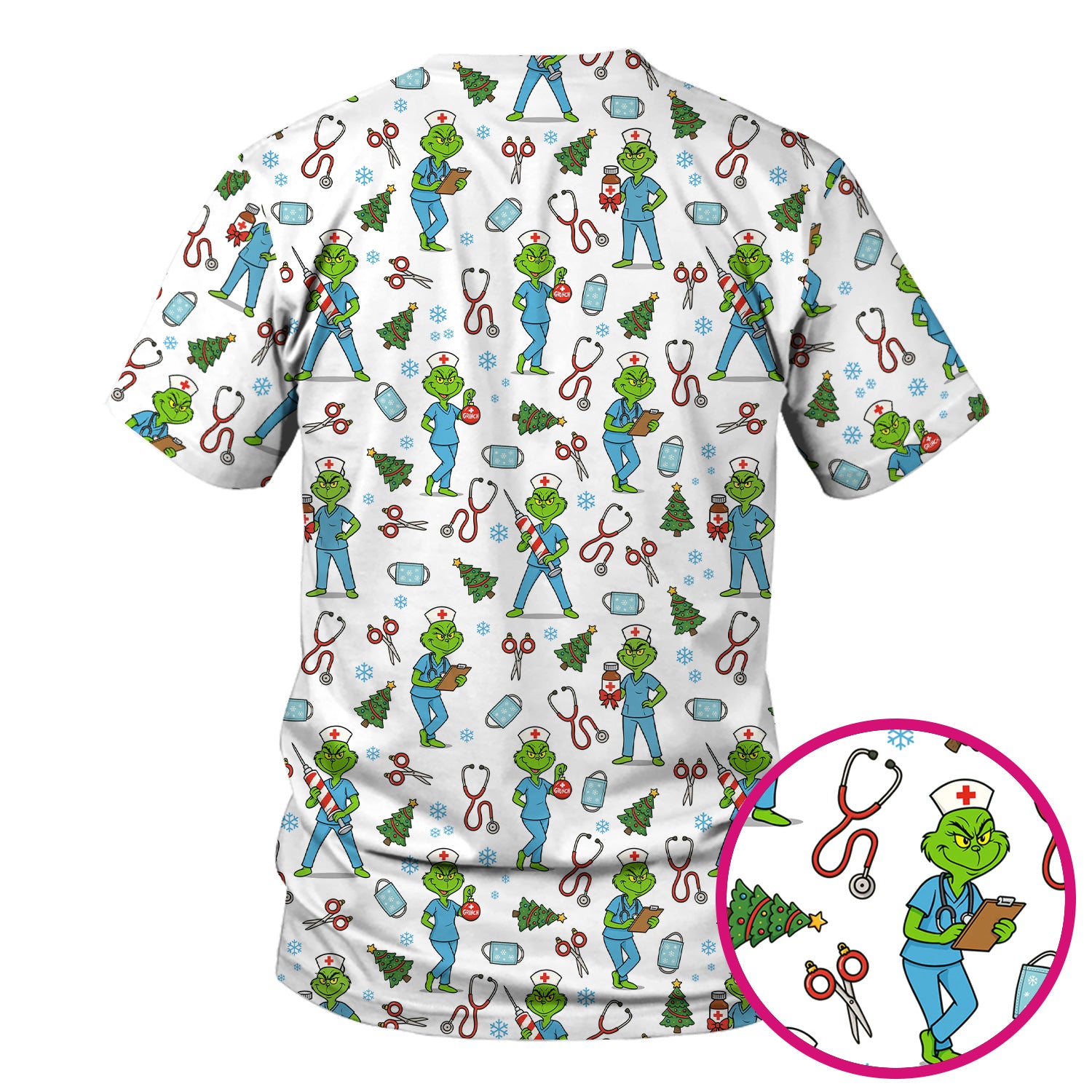 Grinch Christmas Scrub Top for Nurses - Funny Medical Workwear Top - RN LPN CNA Gift