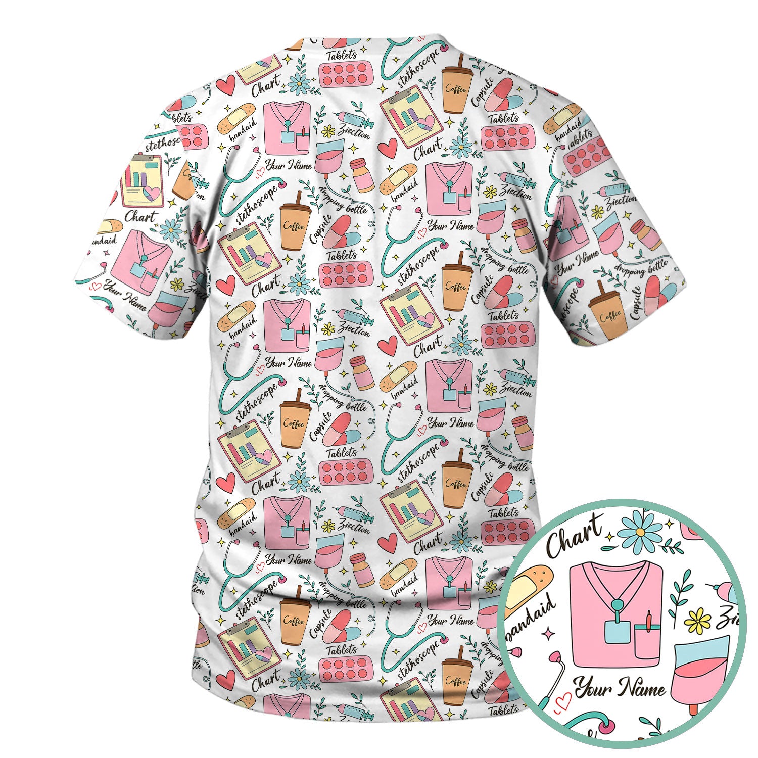 Cute Nurse Scrub - Colorful Medical Uniform Shirt with Coffee, Stethoscope & Pills - Fun RN LPN CNA Nursing Gift for Women