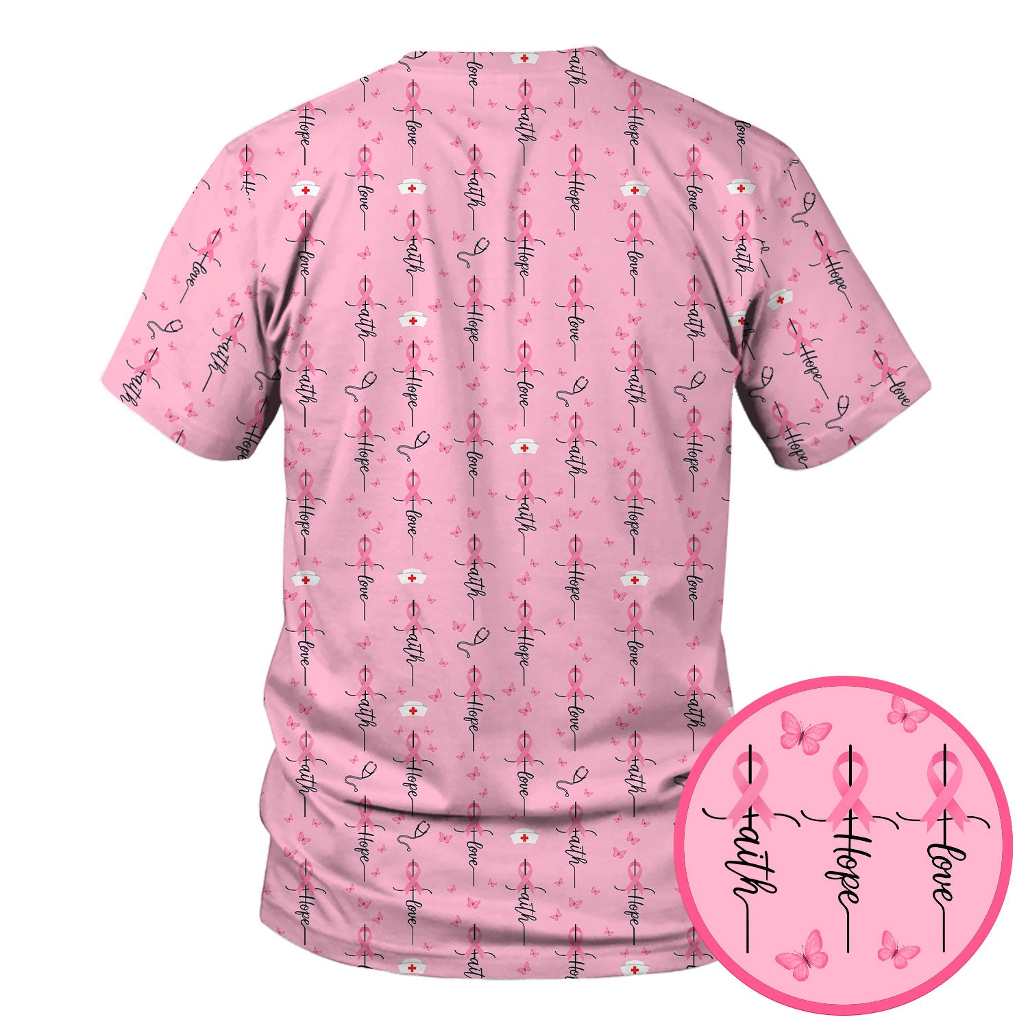 Breast Cancer Awareness Scrub Top Multi Color - Faith Hope Love Pink Ribbon Nursing Shirt - Supportive Nurse Workwear