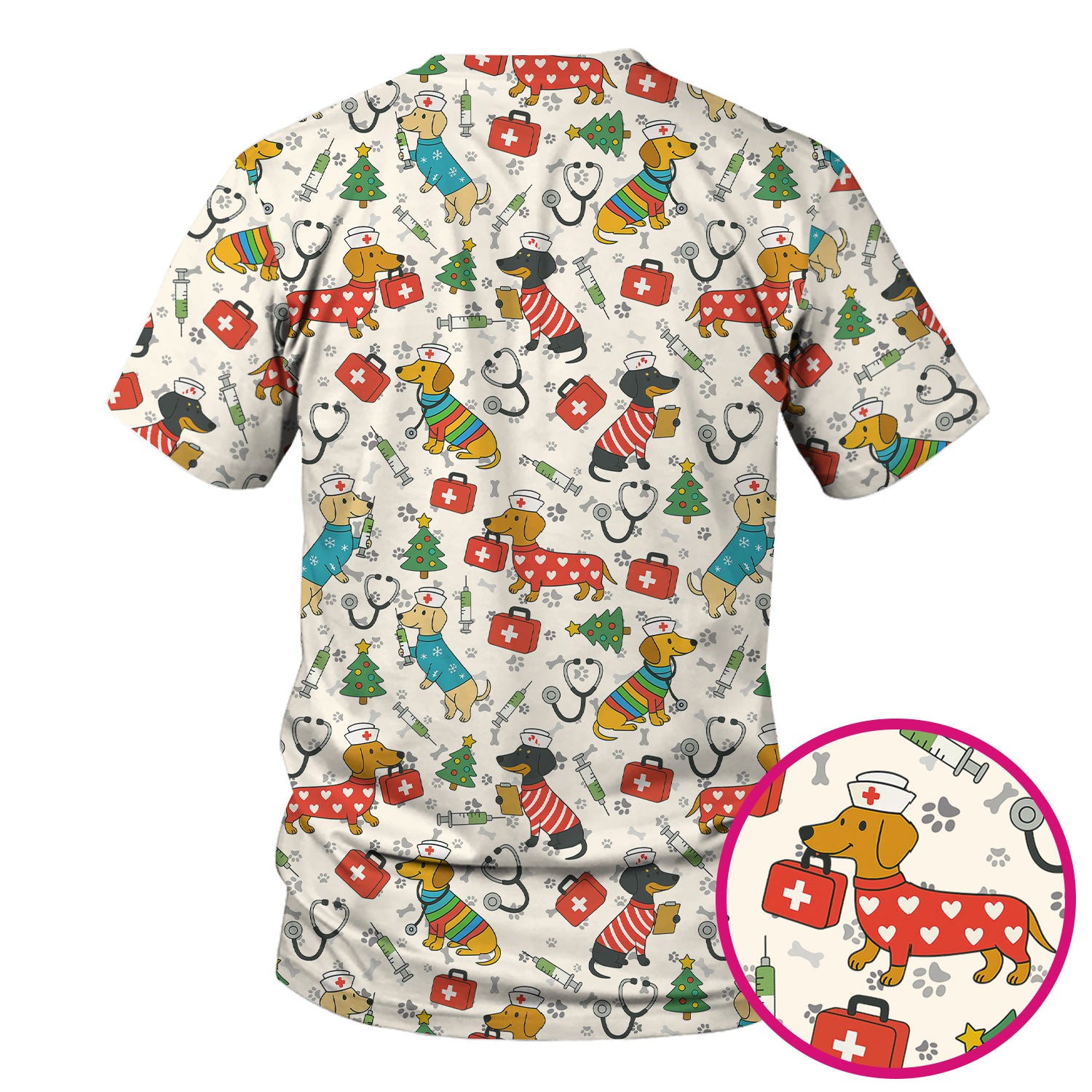Christmas Dachshund Scrub Top - Funny Dog Nurse Scrubs Multi Color - Holiday Scrub Shirt Gift for Women Men, CNA, RN, Medical Professional