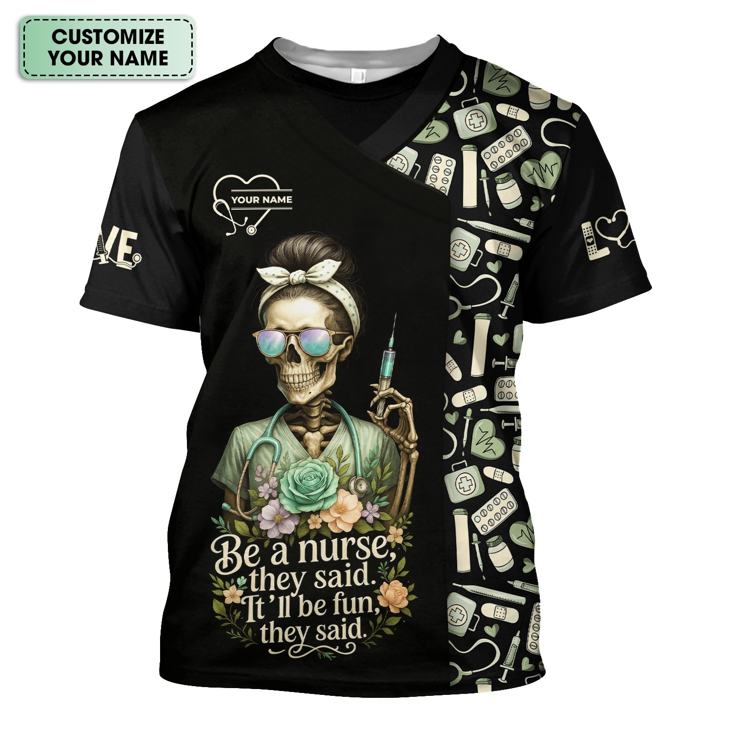 Personalized Skeleton Nurse Shirt - Messy Bun Hair & Leopard Print Graphic Tee - Gift for Women CNA & Healthcare Workers
