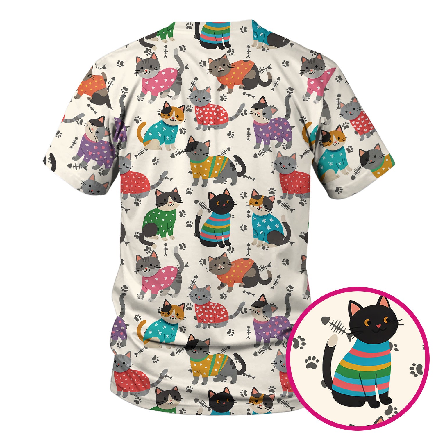 Cute Cat Nurse Scrub Top Multi Color - Funny Kitty Print Scrub Shirt for Women - Colorful Nursing Work Shirt with Pockets