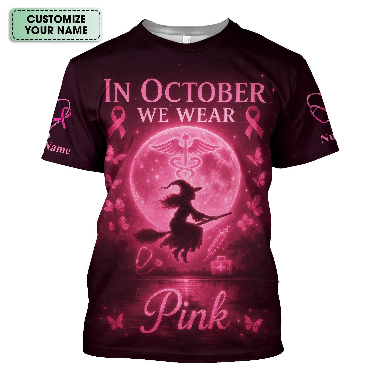 Custom Pink Ribbon Nurse Shirt for Women - Breast Cancer Awareness Halloween Tee - Gift for RN LPN CNA