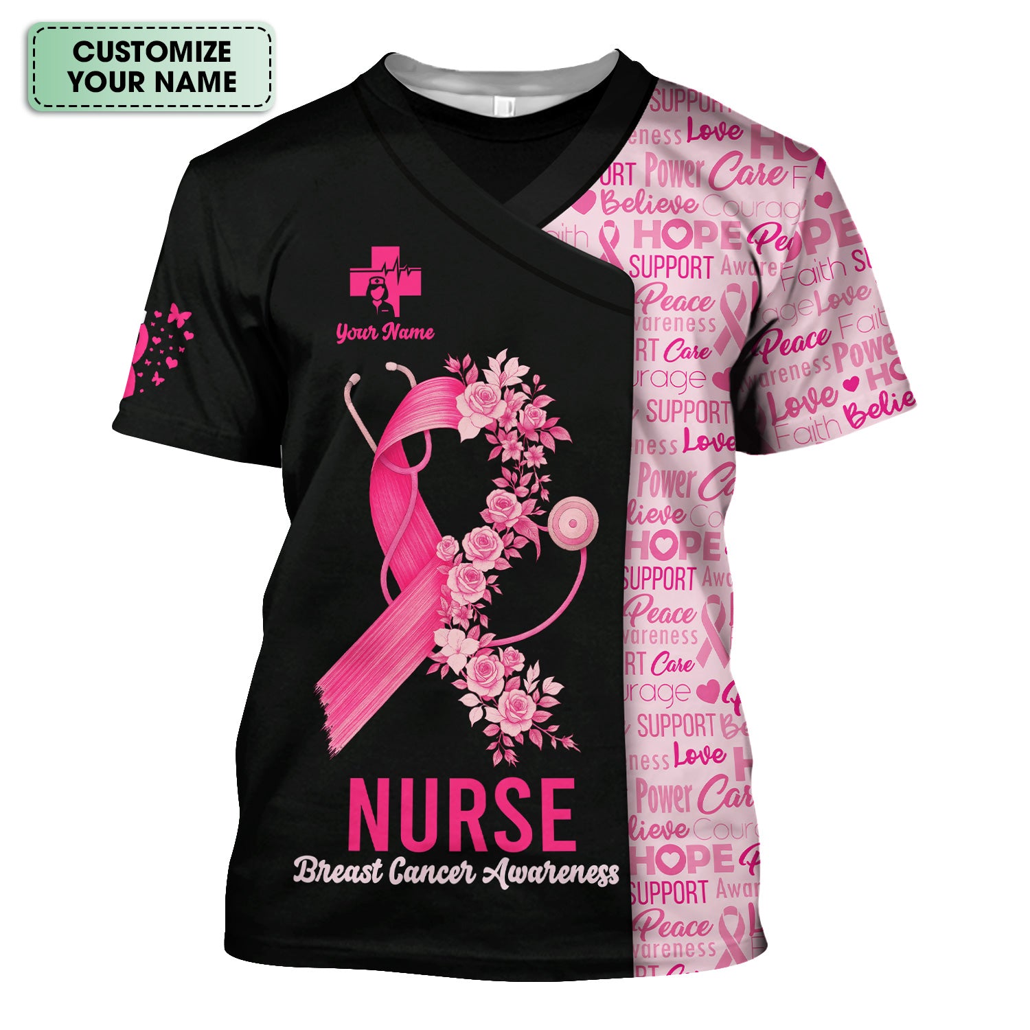 Personalized Breast Cancer Awareness Nurse Scrub Top - Pink Ribbon Medical Uniform Shirt For Women - Gift for CNA RN LPN
