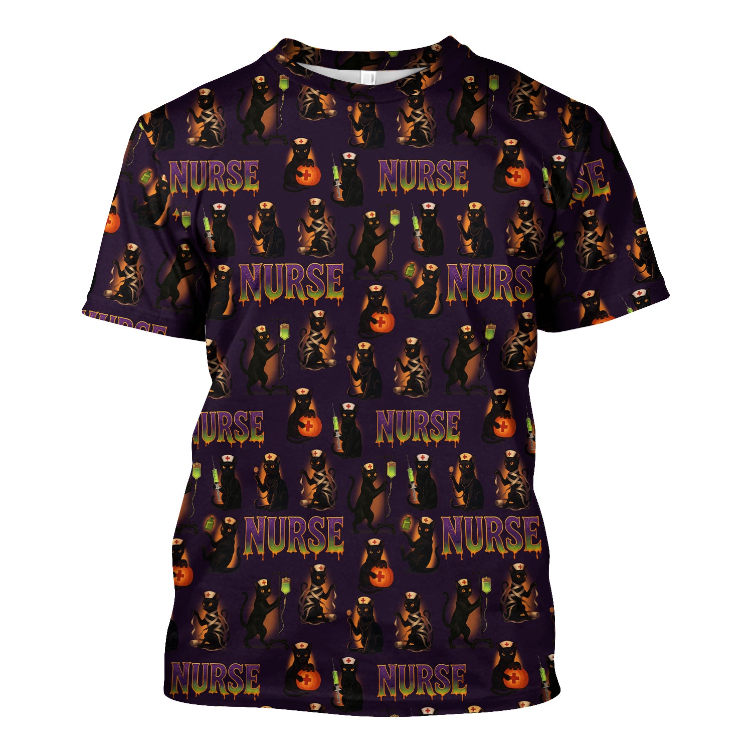 Halloween Nurse Scrub Top for Women - Cute Black Cat and Pumpkin Medical Design - Spooky Gift for RN LPN CNA