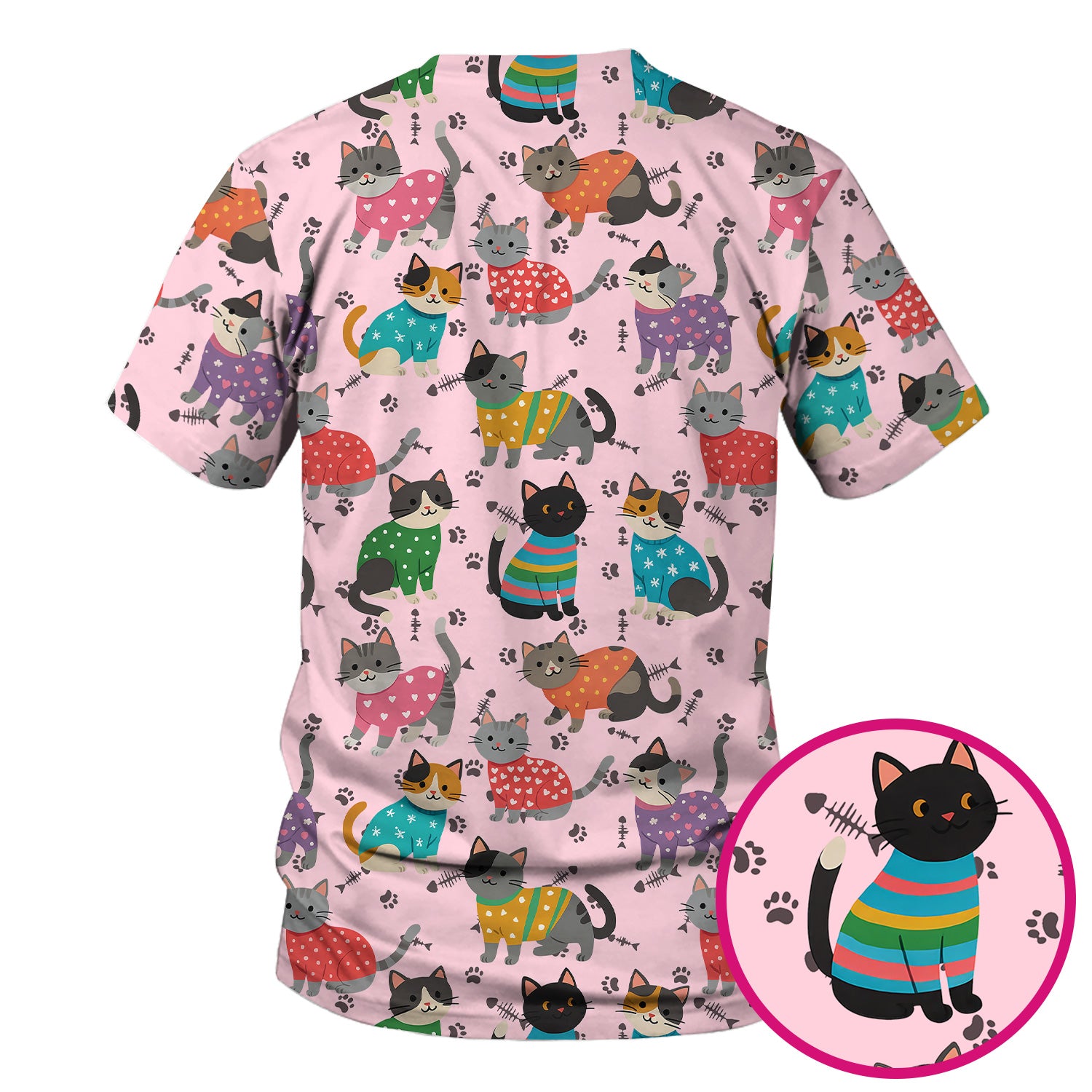 Custom Cat Scrub Top Multi Color - Cute Kitty Print Scrub Shirt for Nurses - Funny Colorful Nursing Workwear with Pockets