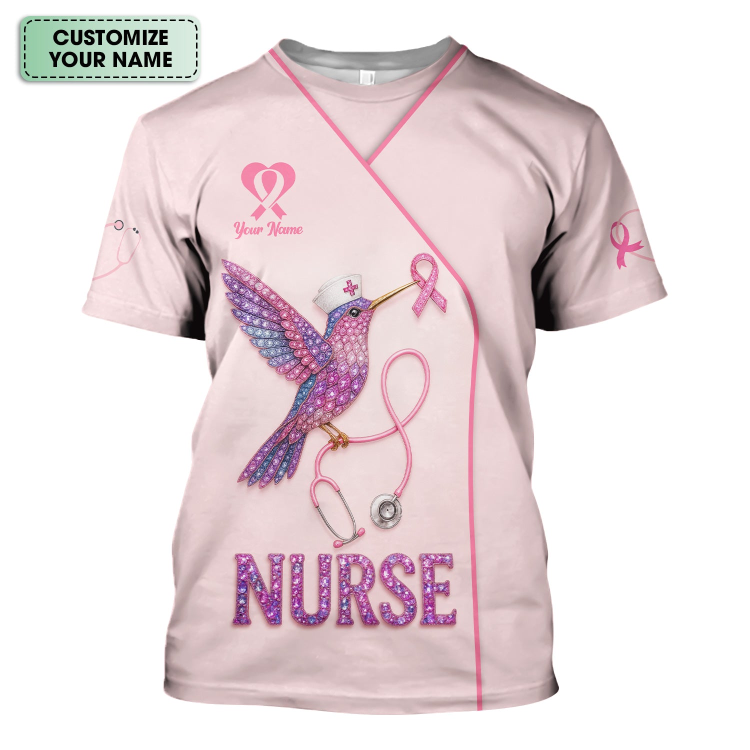 Custom Hummingbird Nurse Shirt - Breast Cancer Awareness Ribbon Graphic Tee - Gift for RN LPN CNA