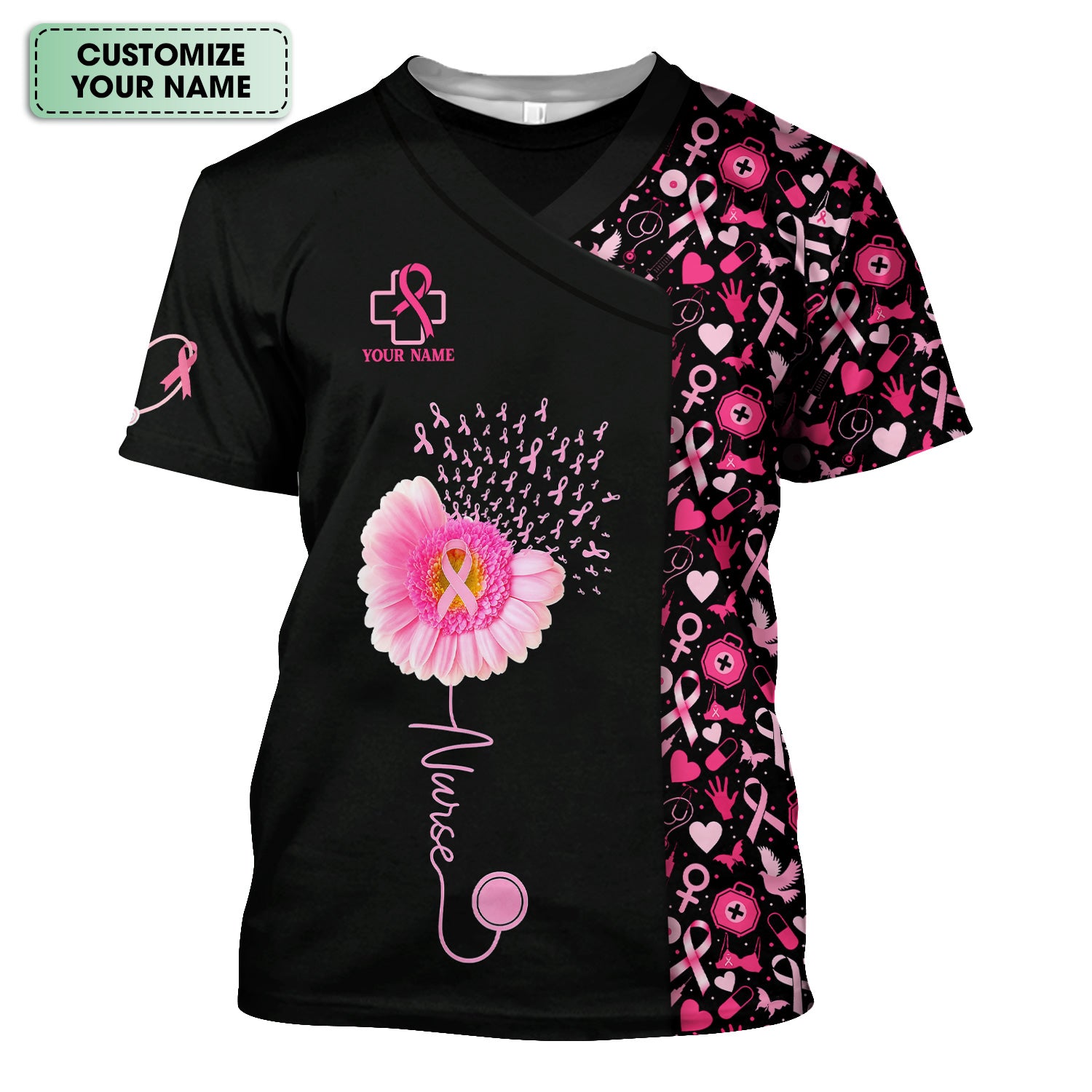 Custom Nurse Breast Cancer Awareness Shirt - Pink Gerbera Daisy & Ribbon Graphic Tee - Gift for Women RN LPN