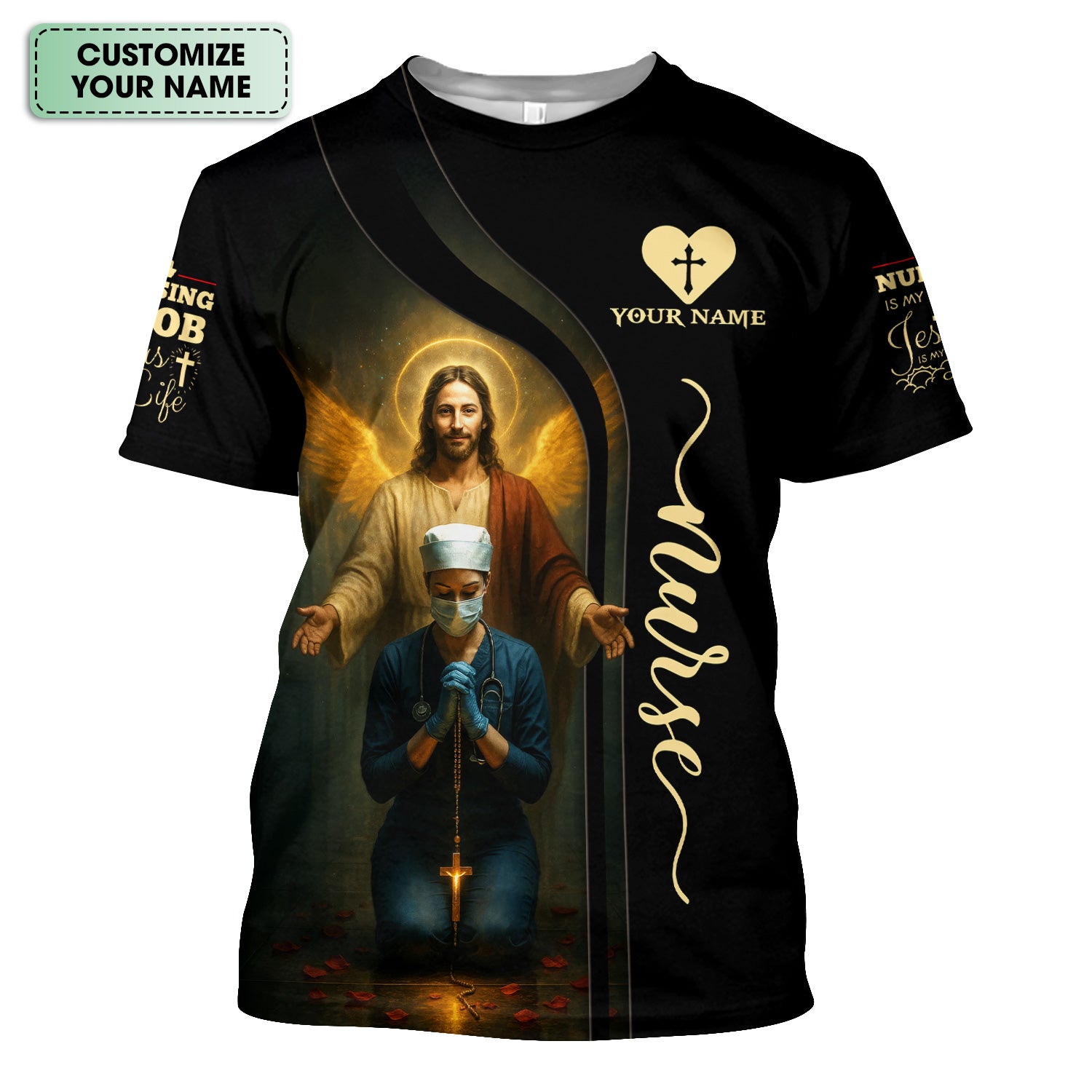 Custom Faith Nurse Scrub - Jesus Watching Over Praying Nurse Graphic Design - RN LPN CNA Healthcare Workers Gift