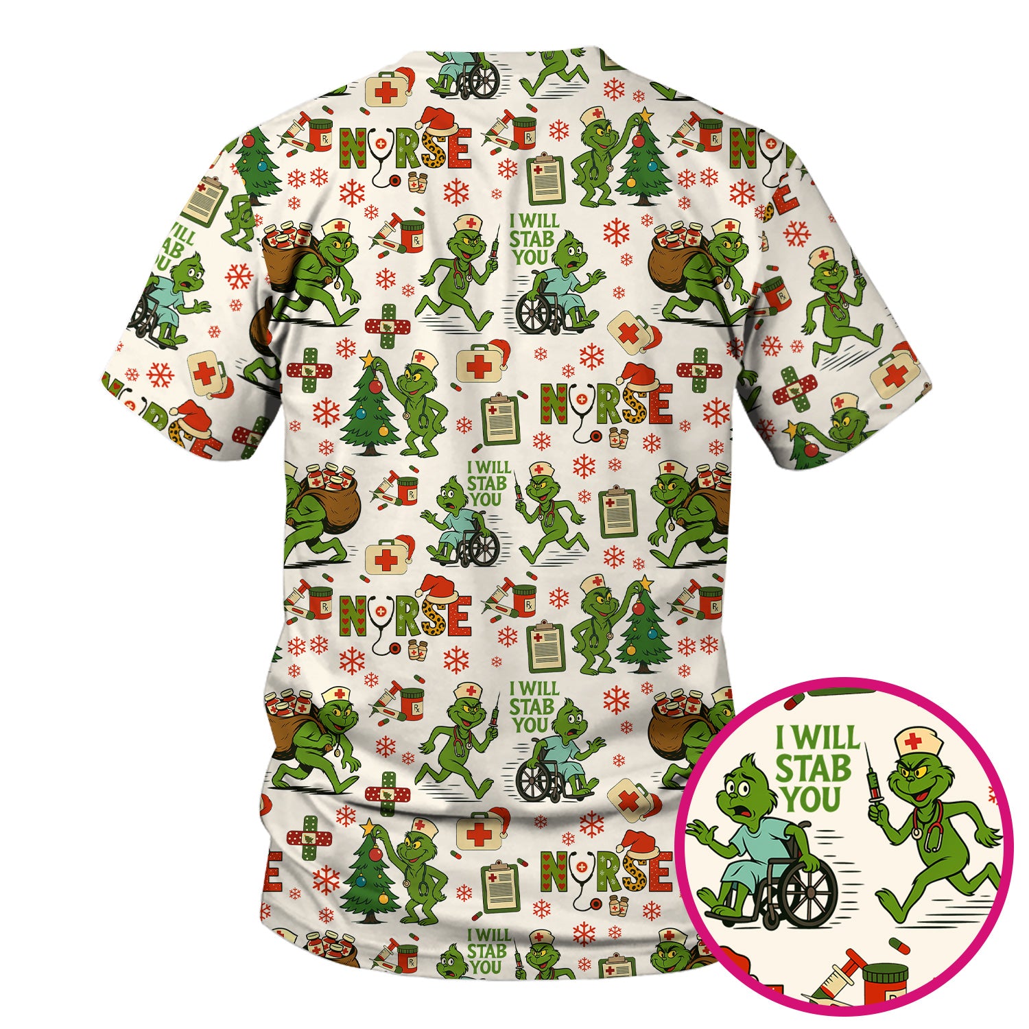 Funny Grinch Nurse Scrub Top for Women - Christmas Scrub Shirt with I Will Stab You Quote - Cute Holiday Nursing Work Shirt with Pockets