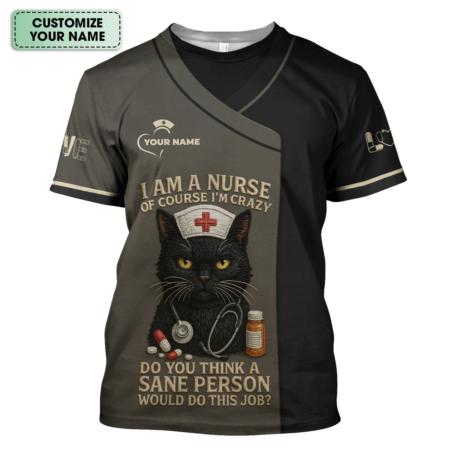 Personalized Cute Black Cat Nurse Shirt - Crazy Funny Cat Nurse Medical Graphic Tee - Gift for RN LPN CNA Nursing Staff