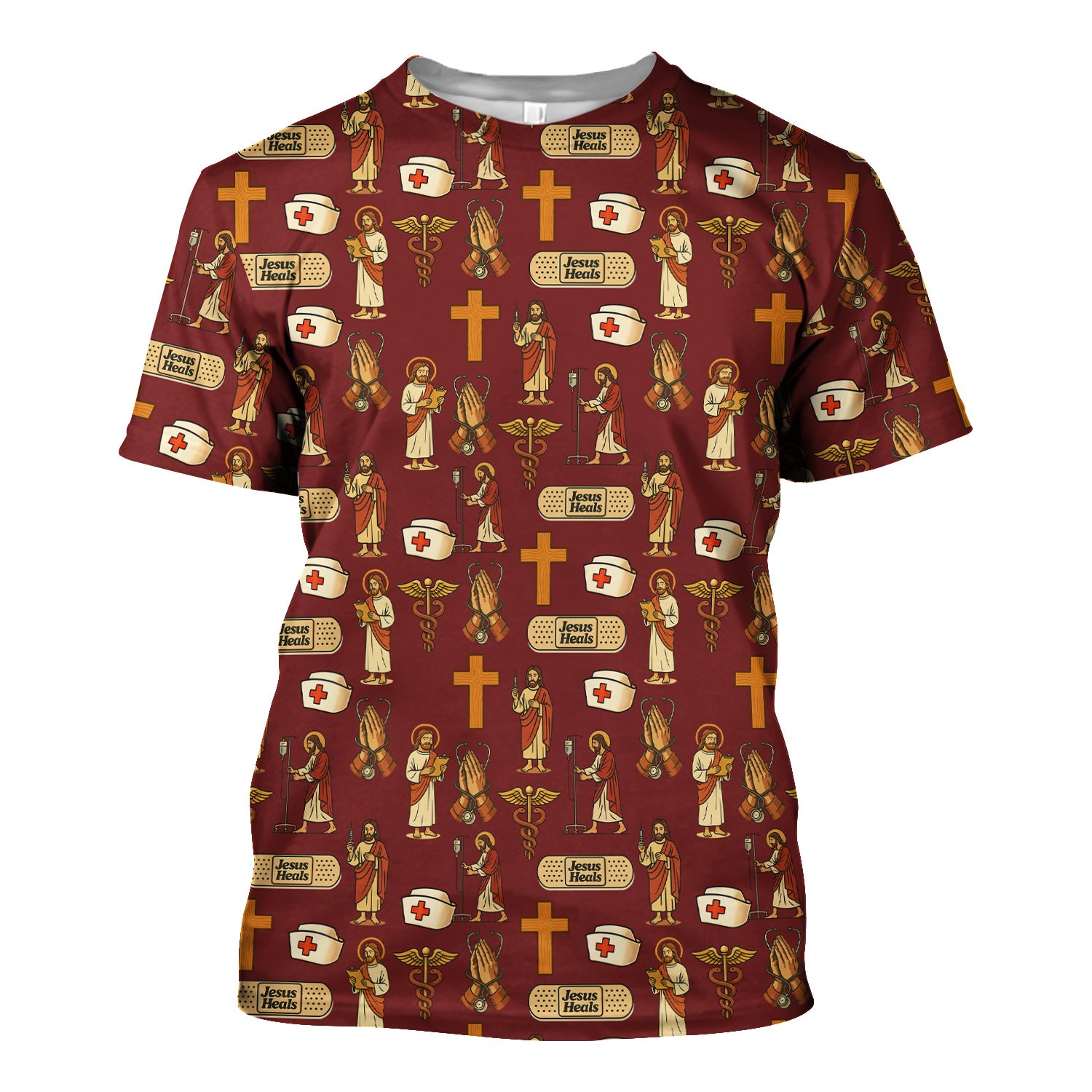 Christian Nurse Faith Scrub Top - Jesus Heals Quote & Religious Medical Pattern - Multiple Color Options Gift for RN LPN CNA