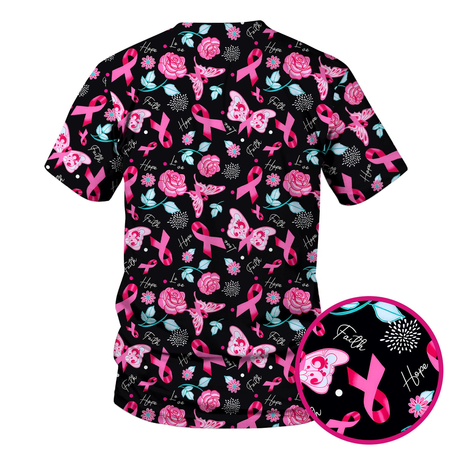 Breast Cancer Awareness Scrub Top - Pink Ribbon Nurse Shirt with Flowers - Gift for Women RN CNA LPN