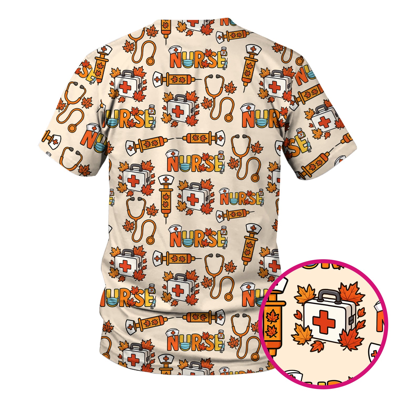 Autumn Nurse Scrub Top Multi Color - Fall Themed Nursing Shirt with Pockets - Cute Maple Leaf Medical Scrubs for Women