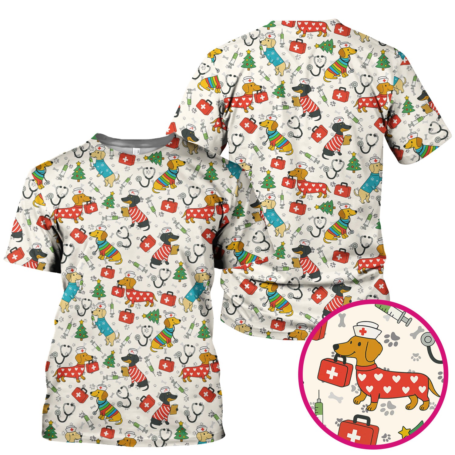Christmas Dachshund Scrub Top - Funny Dog Nurse Scrubs Multi Color - Holiday Scrub Shirt Gift for Women Men, CNA, RN, Medical Professional
