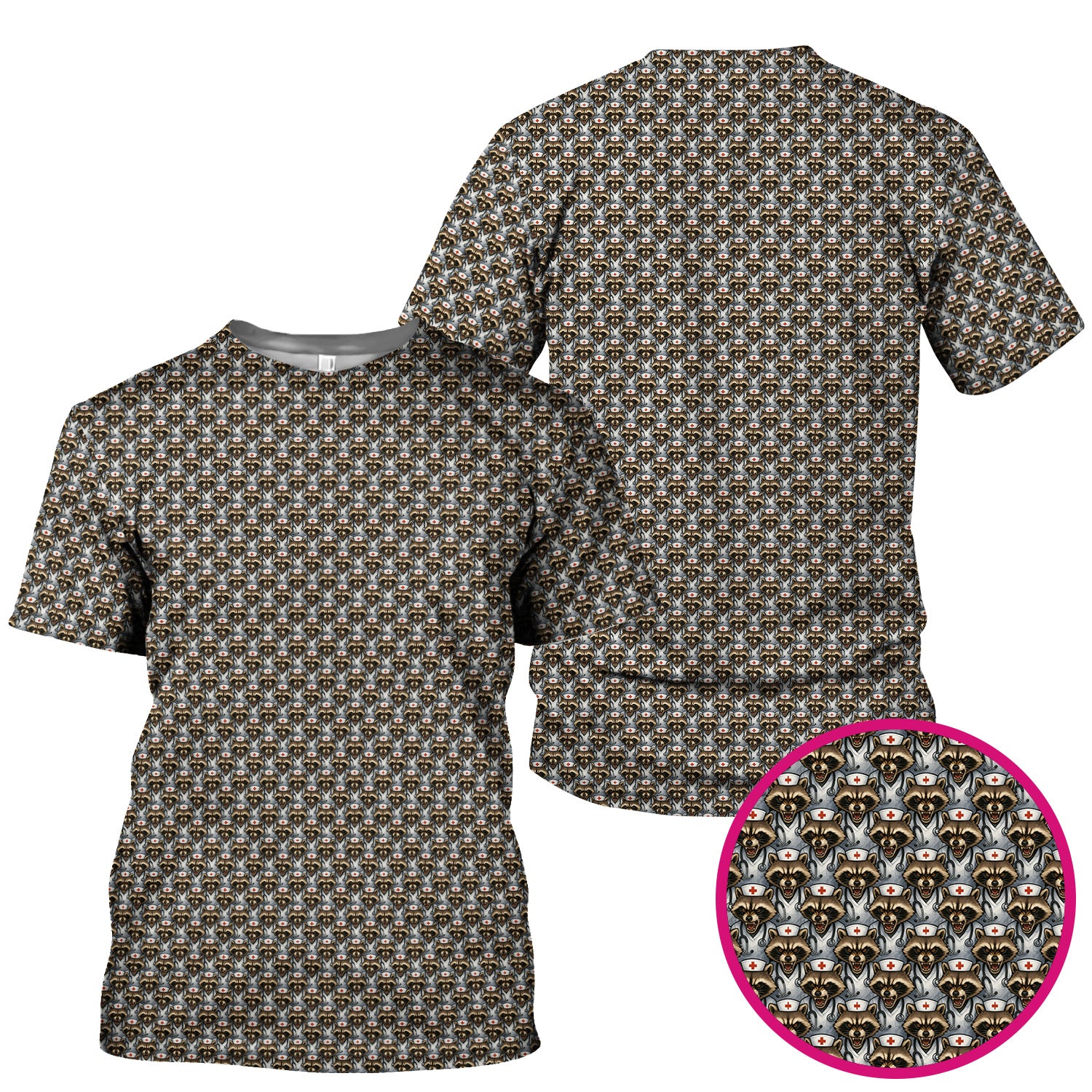 Quirky Raccoon Nurse Shirt - Repeating Angry Animal Pattern Graphic Tee - Gift for Women RN, LPN, CNA