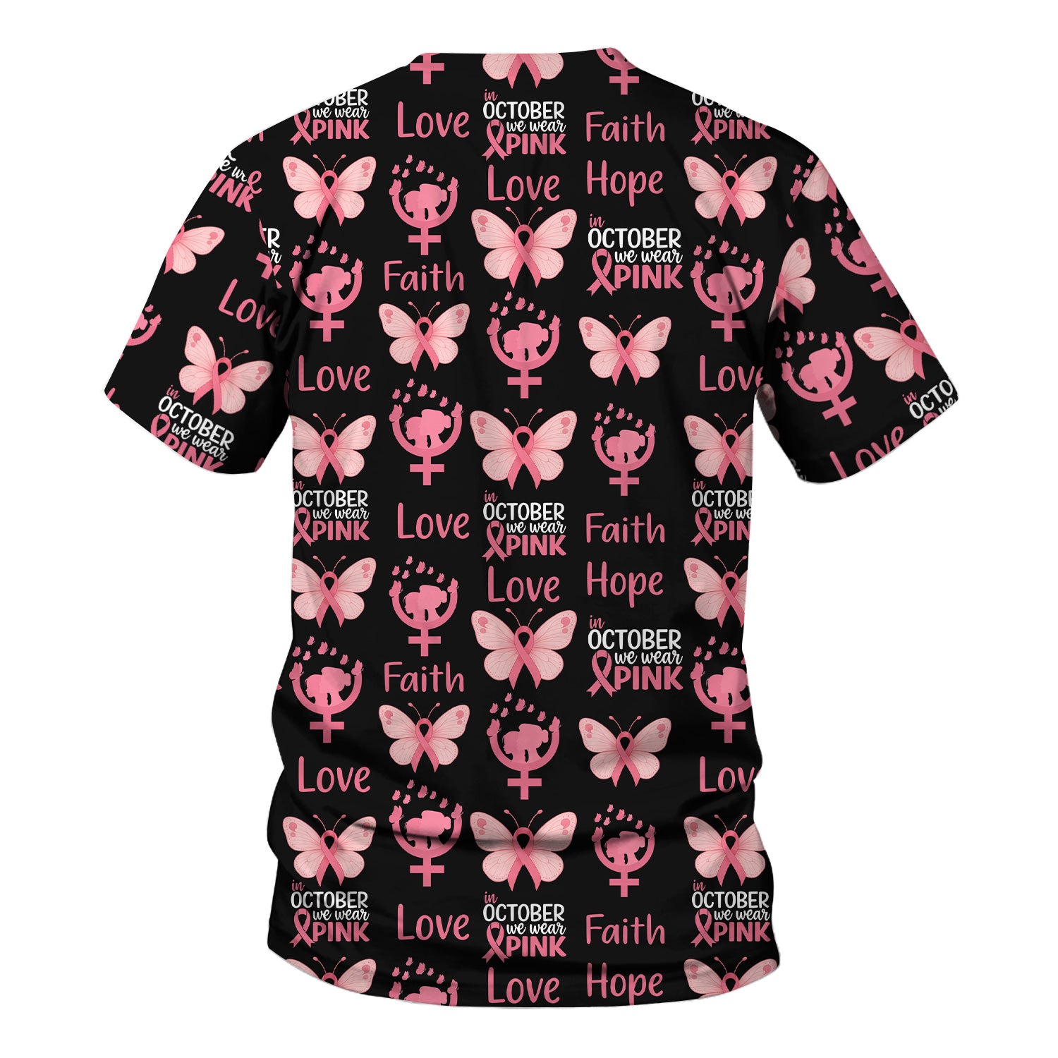 Breast Cancer Awareness Nurse Scrub Top - Faith Hope Love & Pink Ribbon Butterfly Design - October Gift for RN LPN CNA