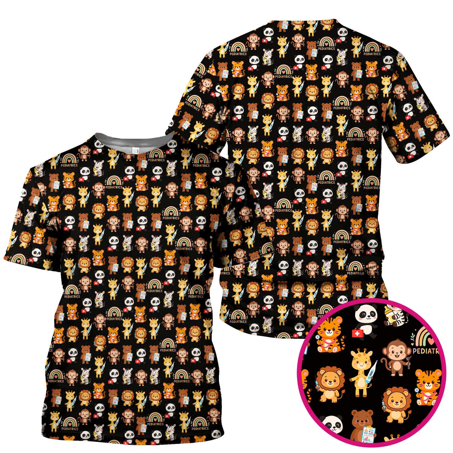 Cute Pediatric Nurse Scrub Top - Funny Zoo & Safari Animals Pattern Design - Gift for PEDS RN LPN