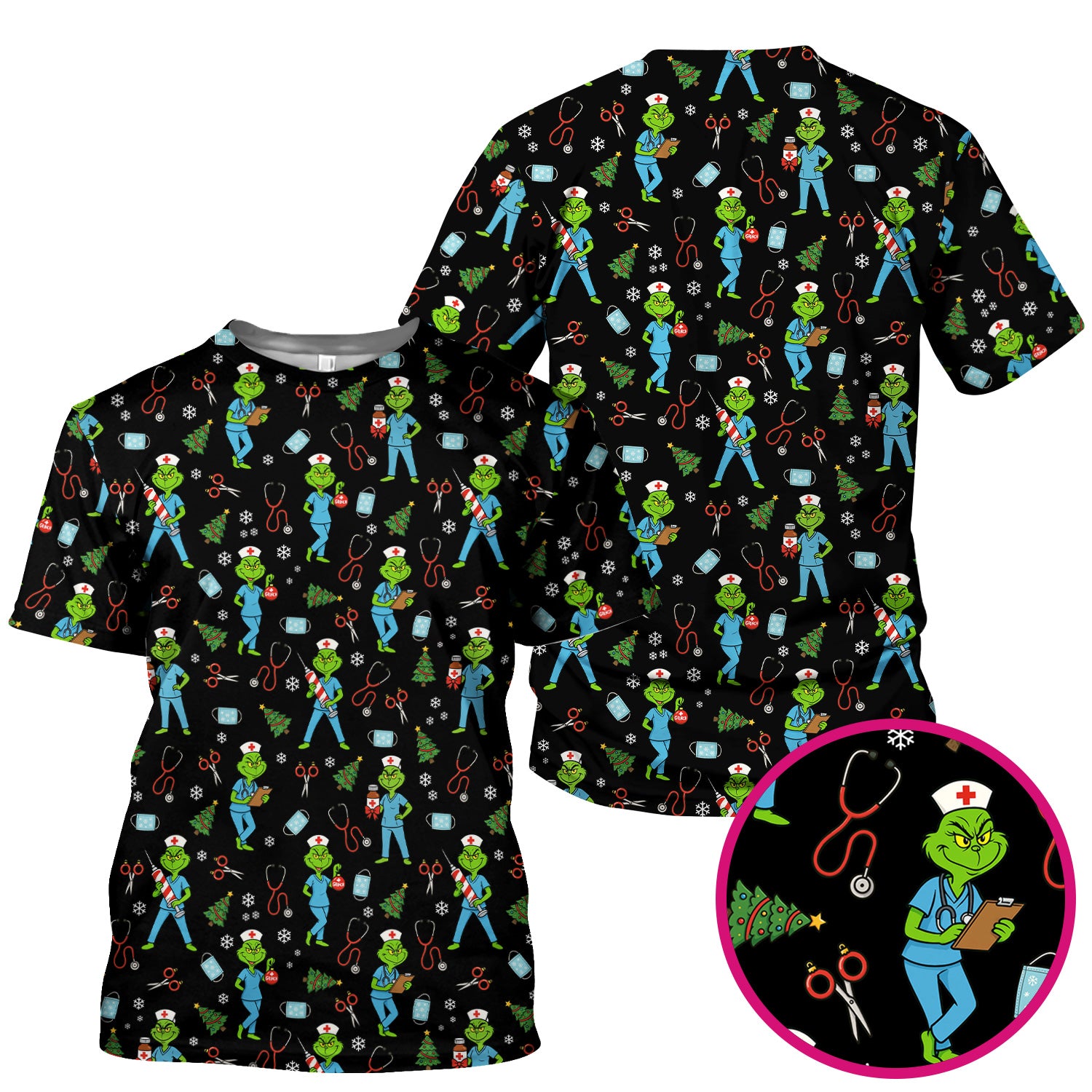 Grinch Christmas Scrub Top for Nurses - Funny Medical Workwear Top - RN LPN CNA Gift