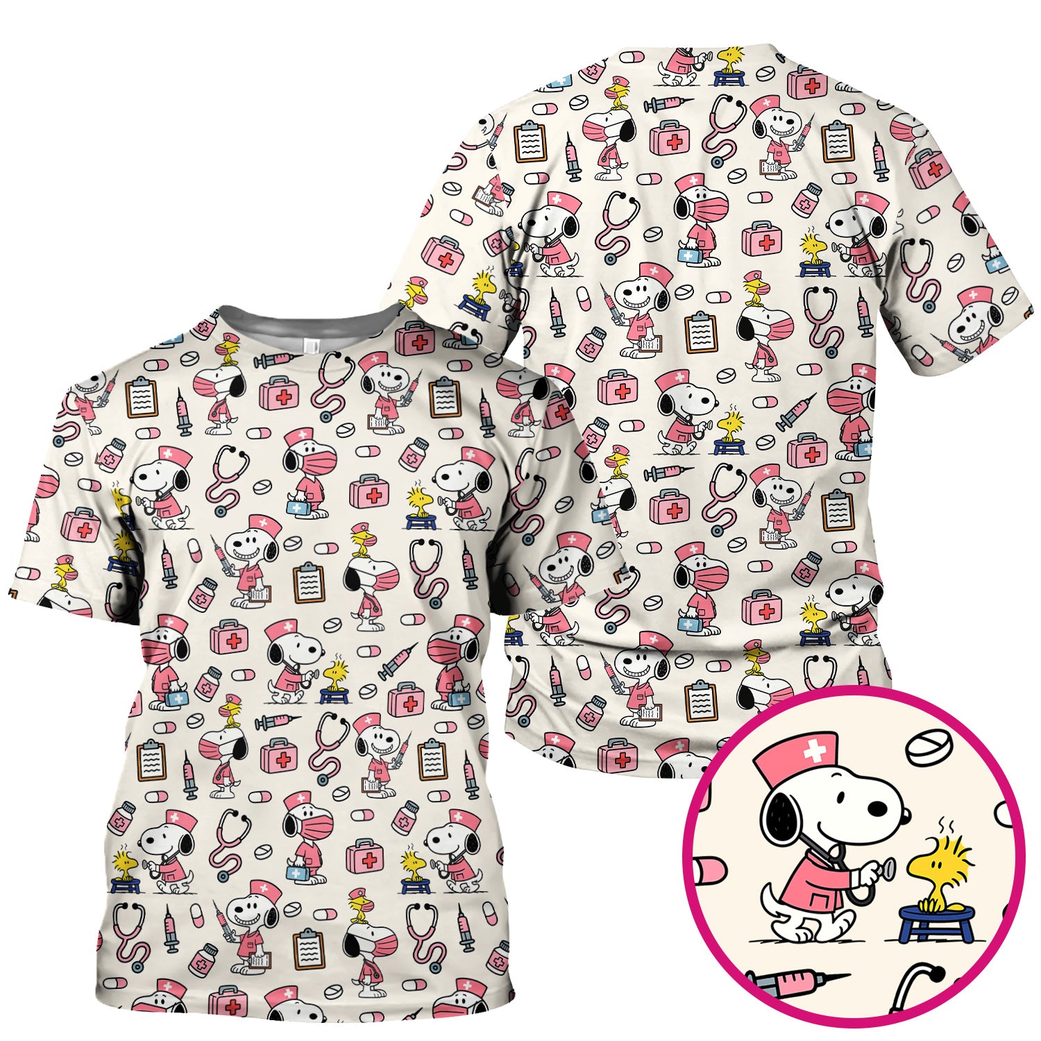 Snoopy Nurse Scrub Top for Women - Custom Medical Scrub Shirt Multi Colors - Cute Cartoon Nursing Work Shirt with Pockets