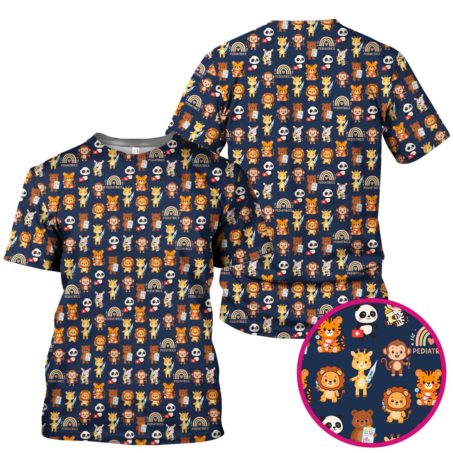 Funny Animal Nurse Scrub - Cute Zoo & Safari Animals Pattern Design - Gift for PEDS RN LPN
