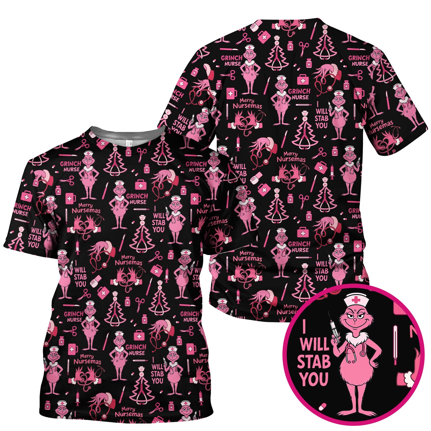 Personalized Funny Grinch Nurse Scrub Top - I Will Stab You - Multiple Color Options RN LPN CNA Gift
