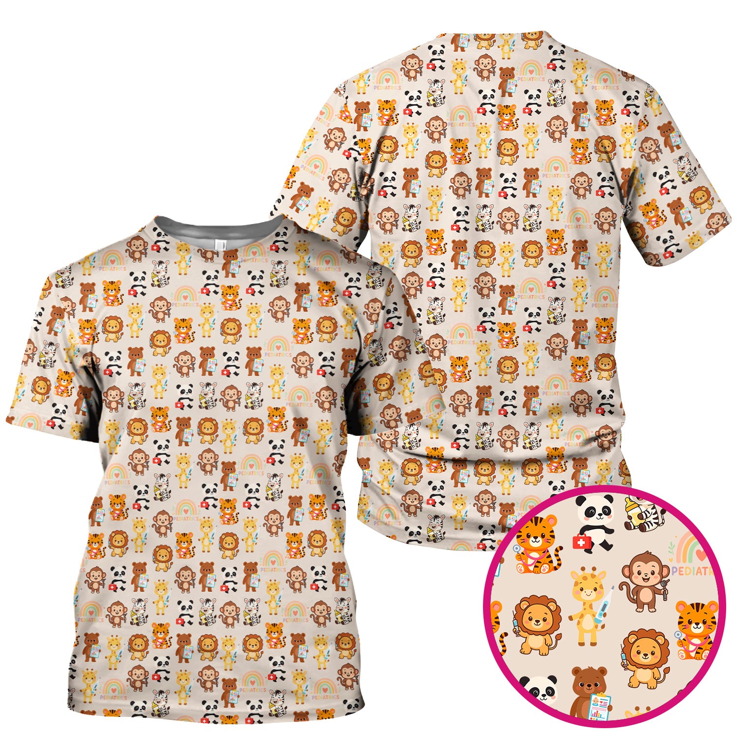 Cute Pediatric Nurse Scrub Top - Funny Zoo & Safari Animals Pattern Design - Gift for PEDS RN LPN