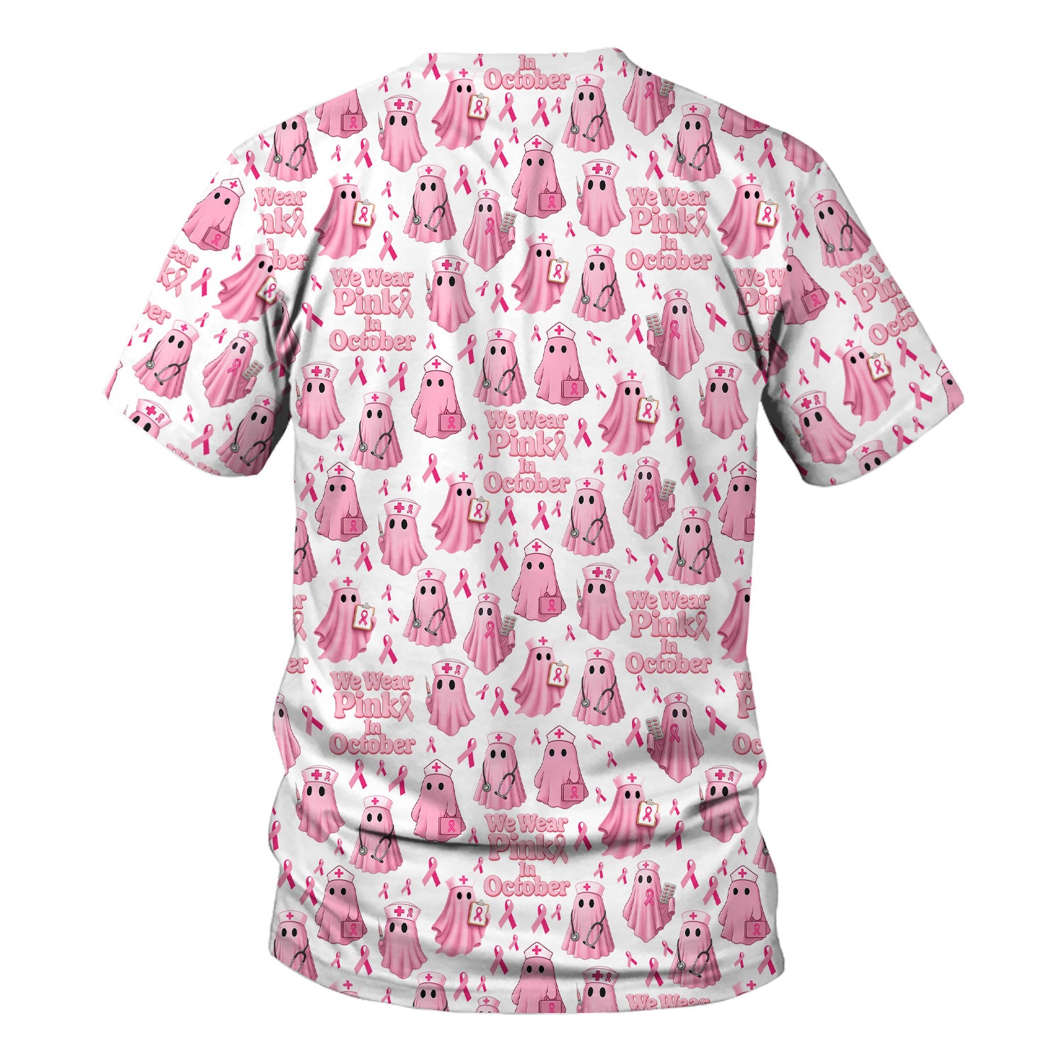 Funny Breast Cancer Awareness Scrub Top - We Wear Pink In October & Ghost Nurse Design - Gift for RN LPN CNA