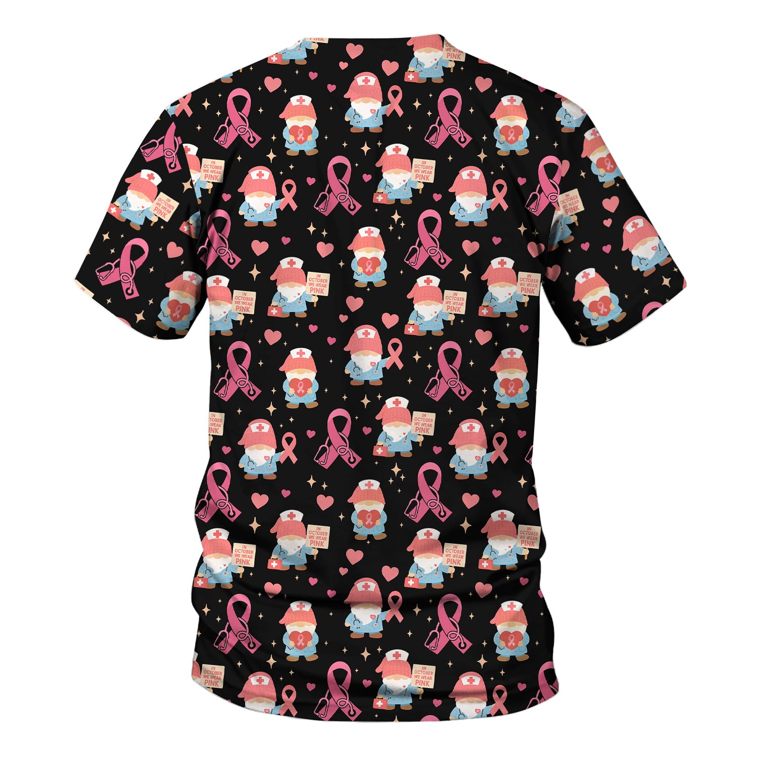 Breast Cancer Awareness Nurse Scrub - Pink Ribbon Nursing Top with Gnome - Gift for Healthcare Workers RN LPN