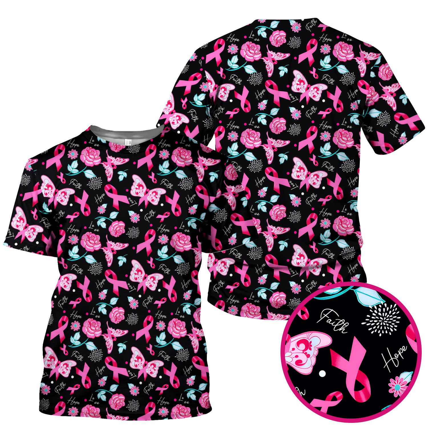 Breast Cancer Awareness Scrub Top - Pink Ribbon Nurse Shirt with Flowers - Gift for Women RN CNA LPN