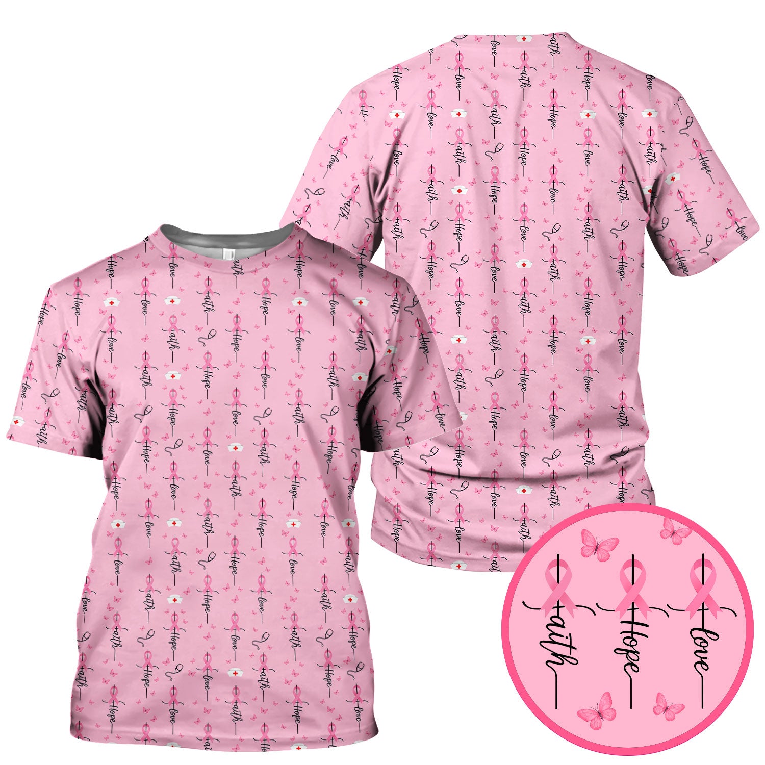 Breast Cancer Awareness Scrub Top Multi Color - Faith Hope Love Pink Ribbon Nursing Shirt - Supportive Nurse Workwear