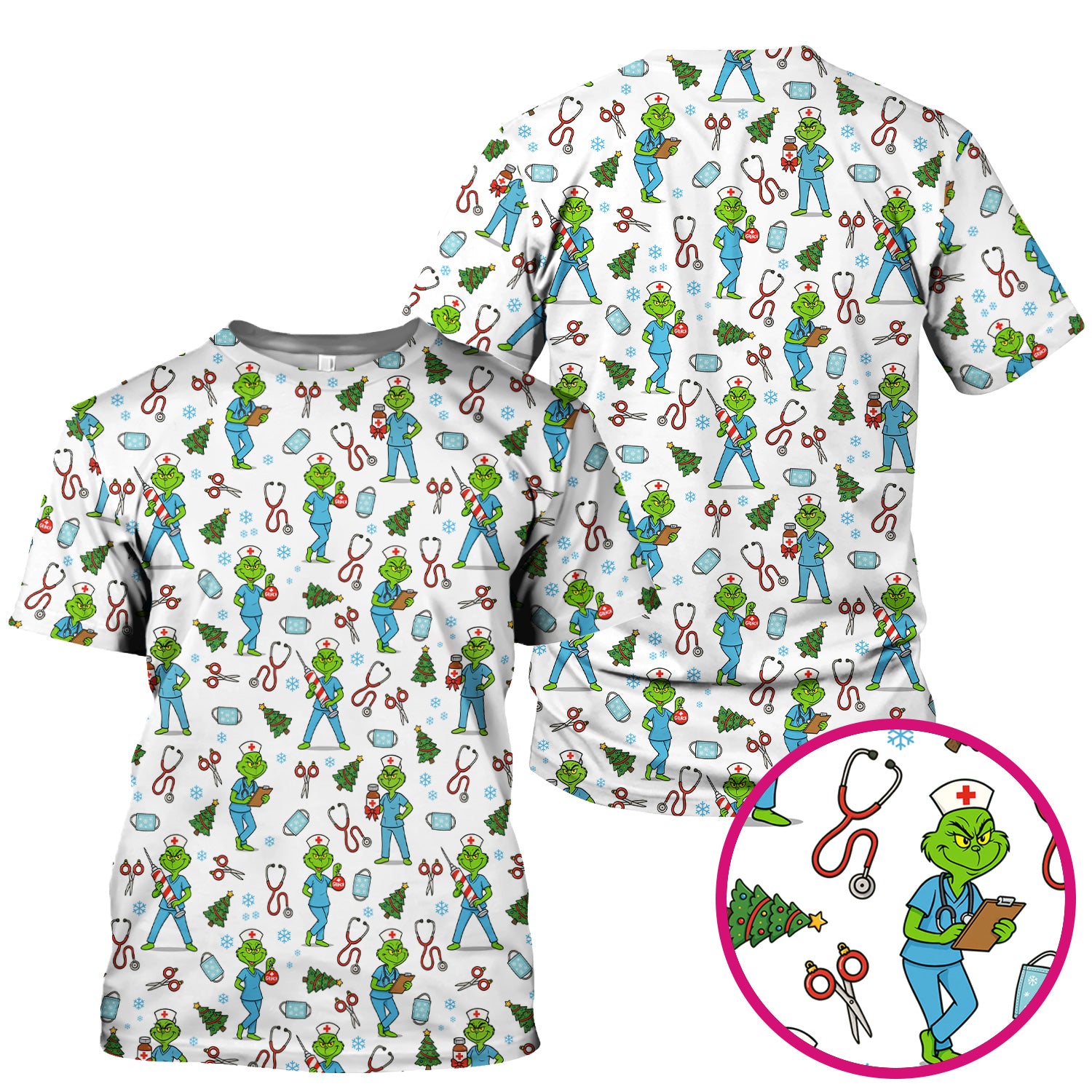 Grinch Christmas Scrub Top for Nurses - Funny Medical Workwear Top - RN LPN CNA Gift